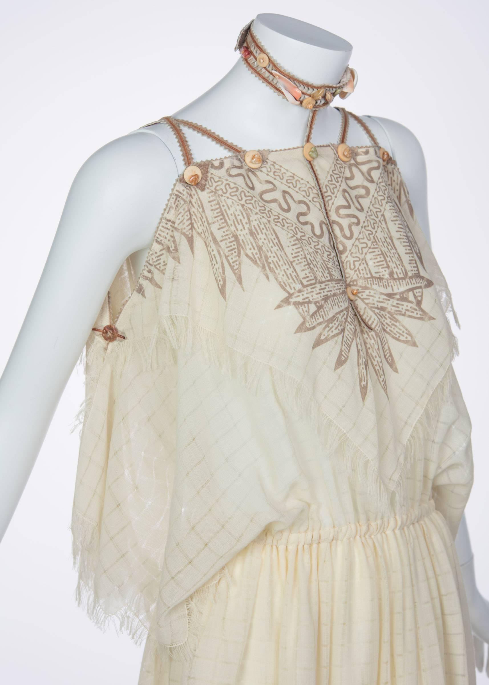 Women's Zandra Rhodes Ivory Silk Linen Shell Embellished Suede Necklace Dress, 1980s 