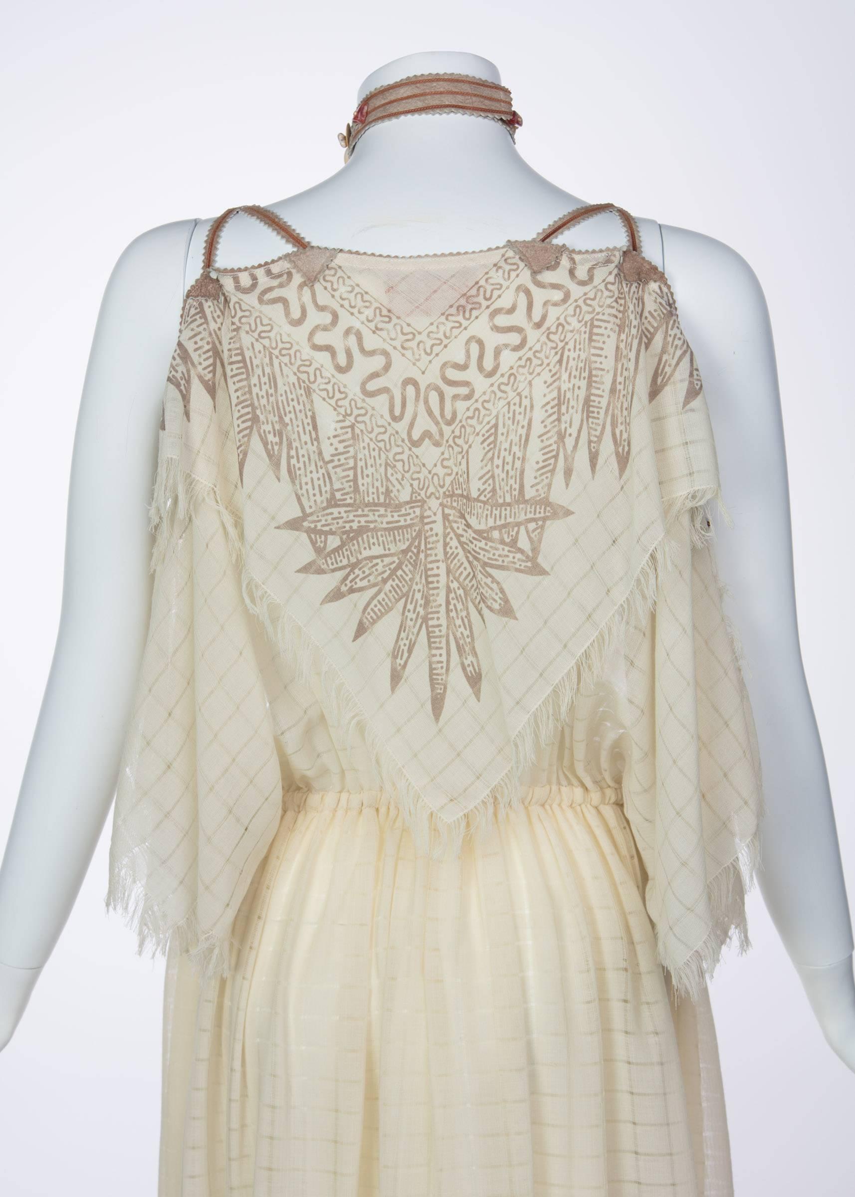 Zandra Rhodes Ivory Silk Linen Shell Embellished Suede Necklace Dress, 1980s  1