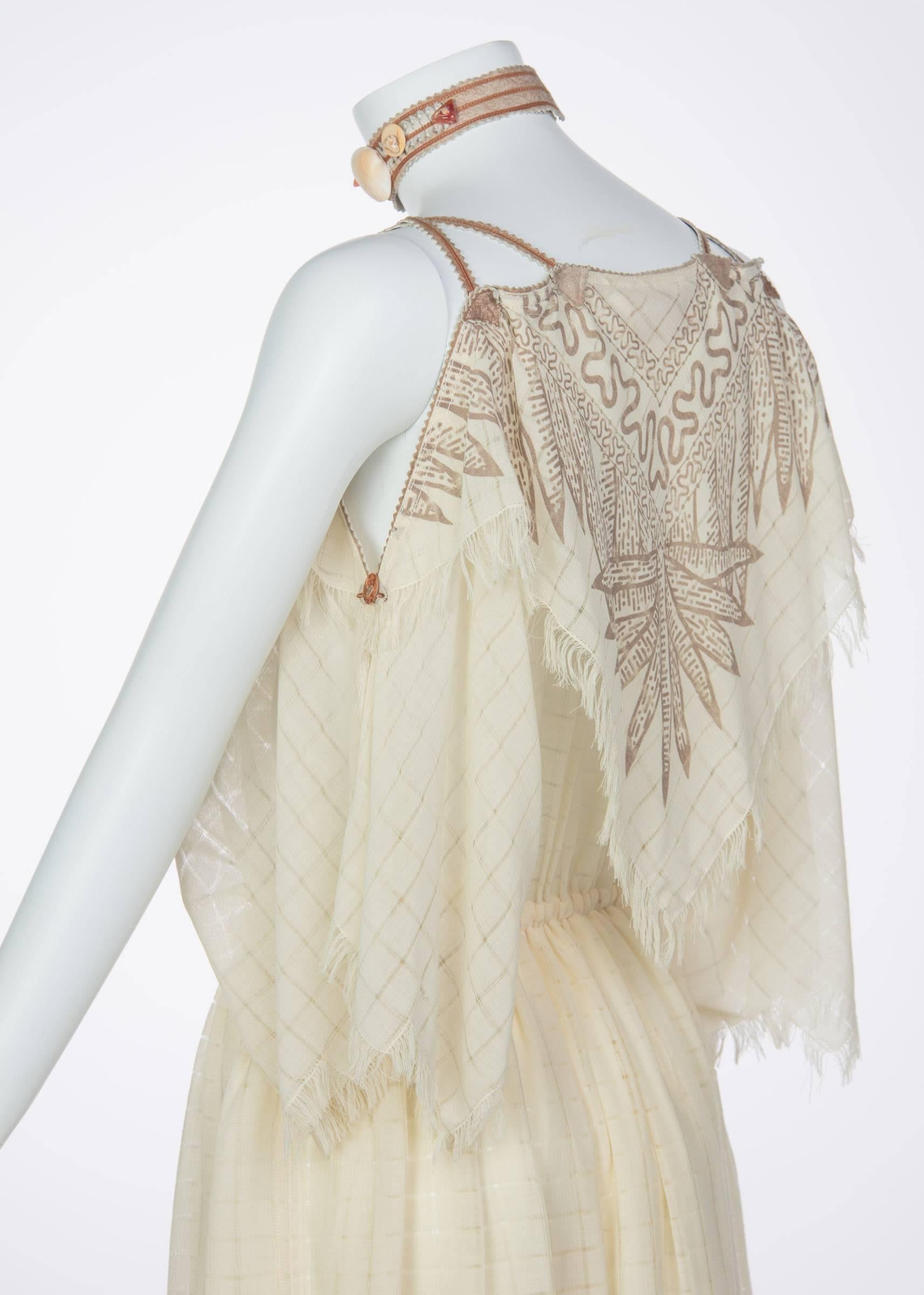 Zandra Rhodes Ivory Silk Linen Shell Embellished Suede Necklace Dress, 1980s  2