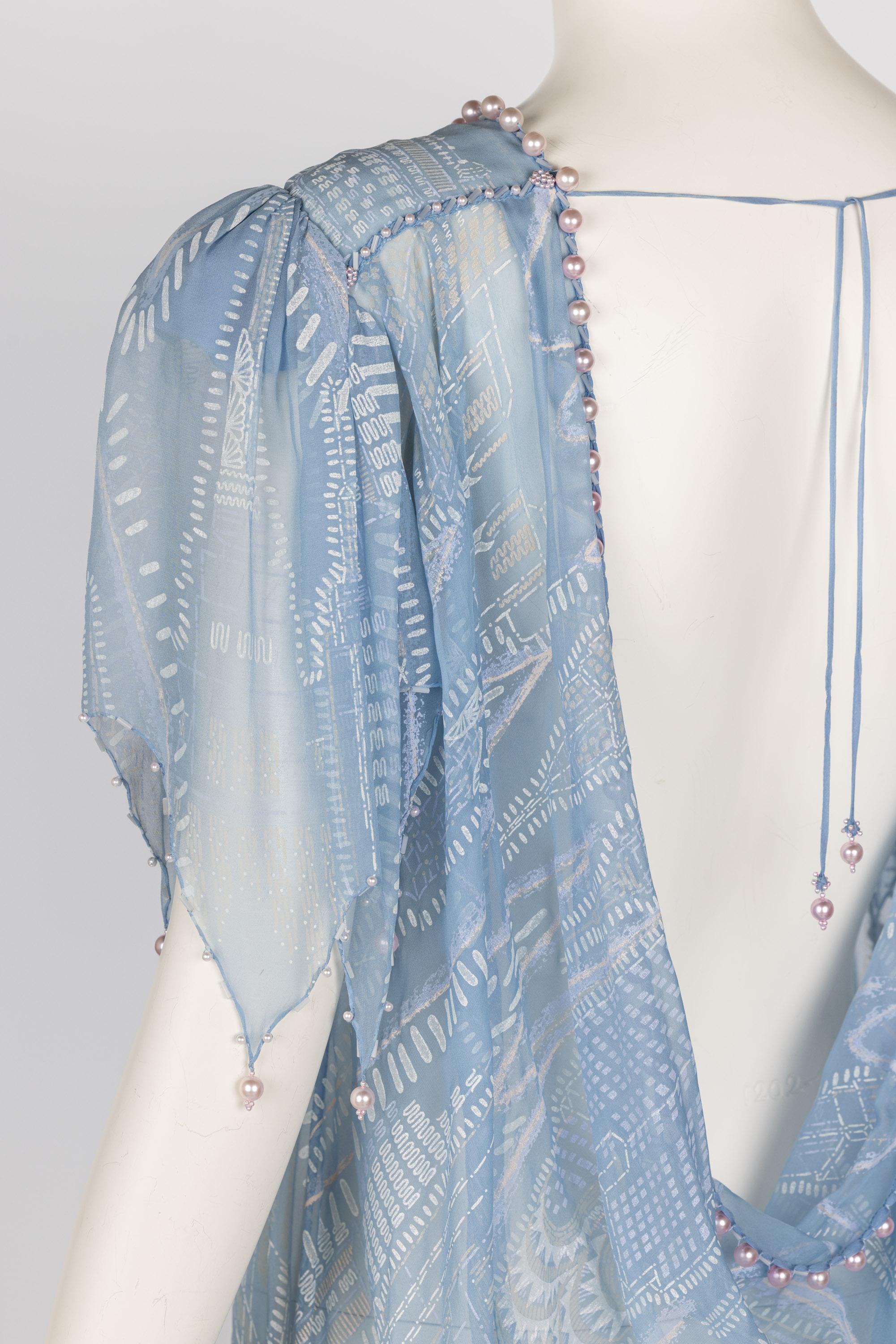 Zandra Rhodes Light Blue Hand Printed Sheer Silk Pearl Beaded Dress Museum Piece For Sale 6
