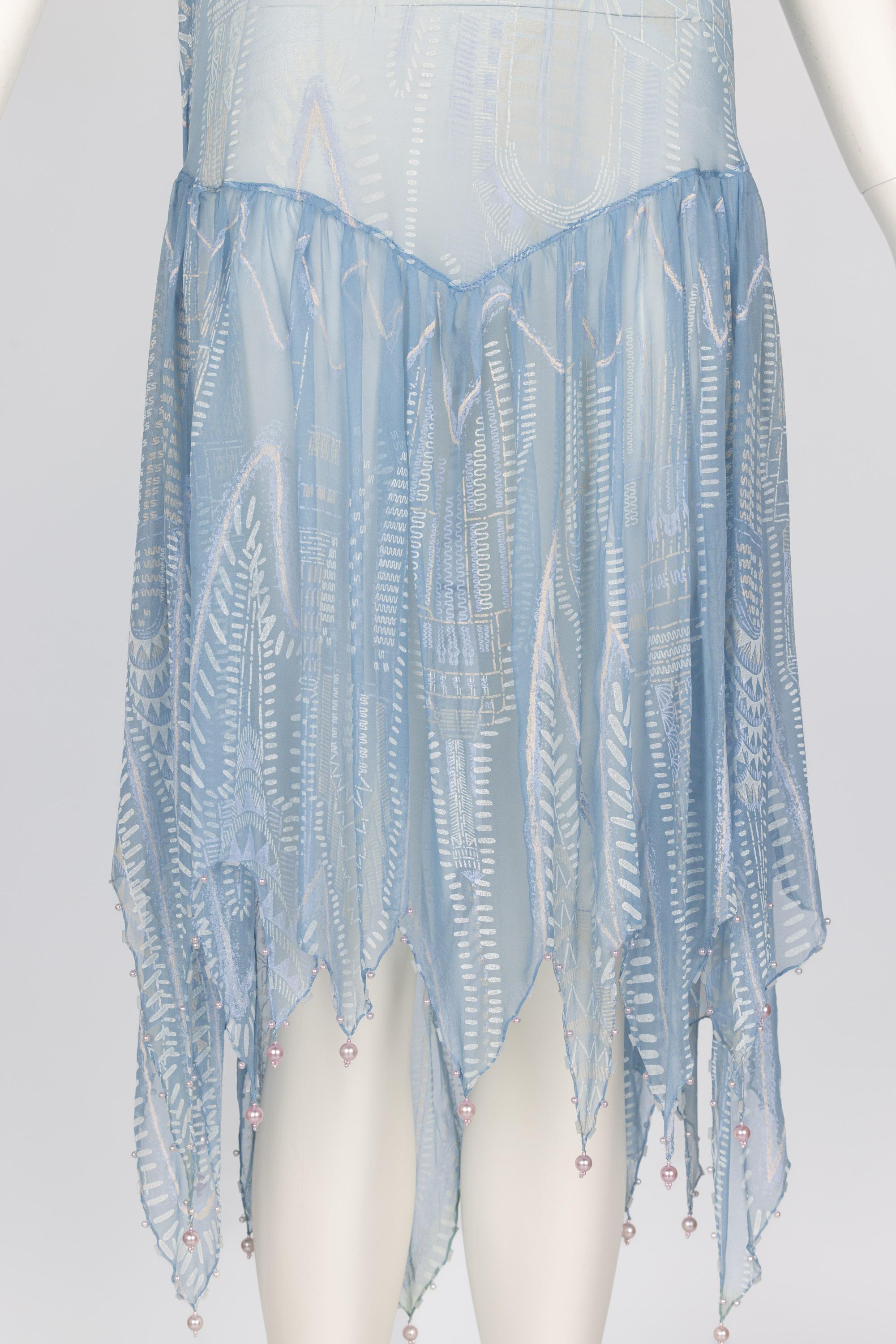 Zandra Rhodes Light Blue Hand Printed Sheer Silk Pearl Beaded Dress Museum Piece For Sale 7