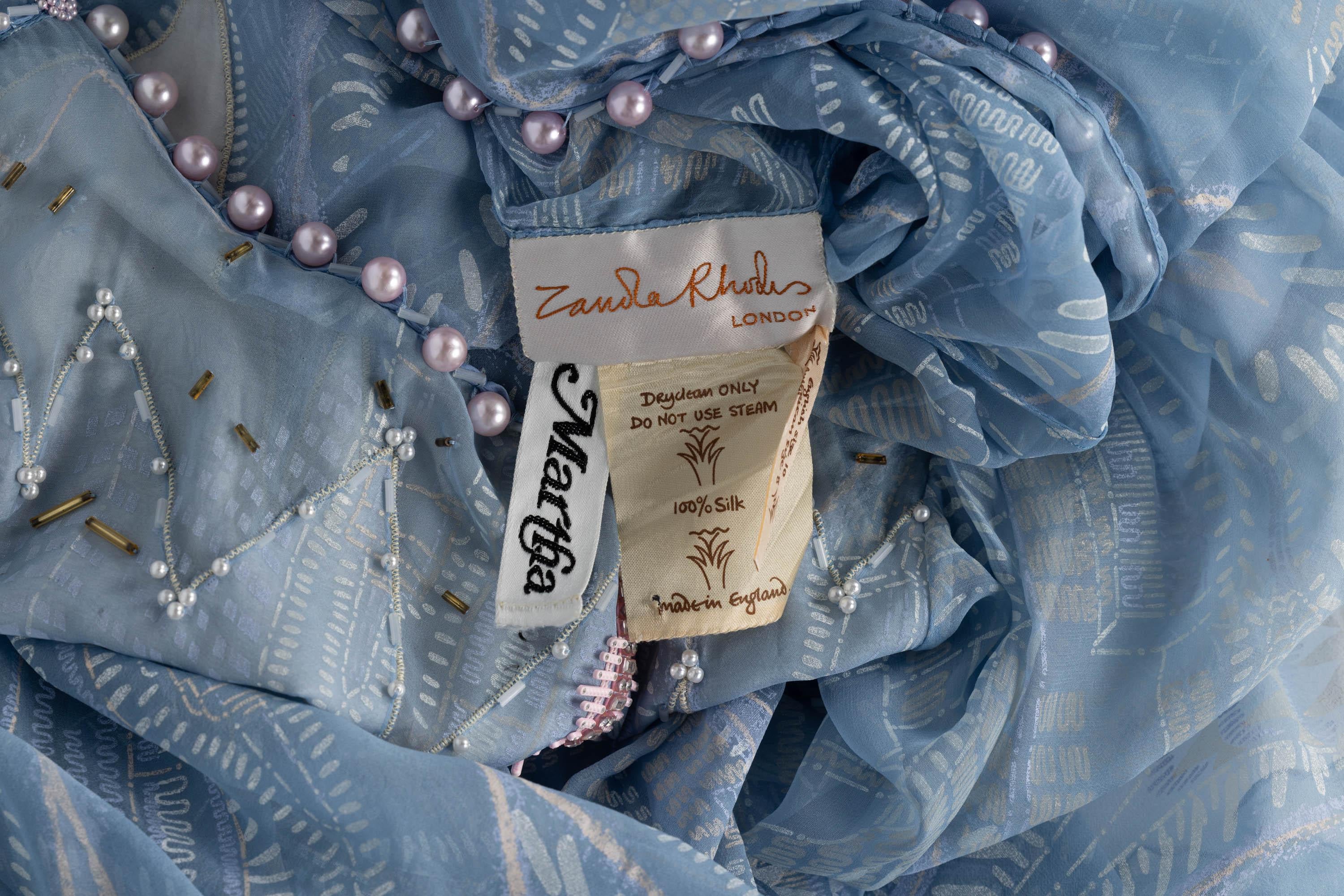 Zandra Rhodes Light Blue Hand Printed Sheer Silk Pearl Beaded Dress Museum Piece For Sale 8