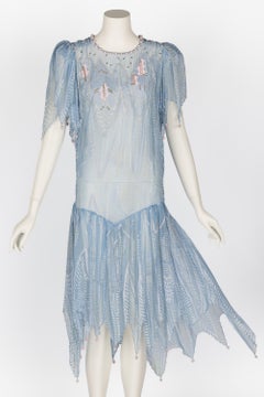 Zandra Rhodes Light Blue Hand Printed Sheer Silk Pearl Beaded Dress Museum Piece