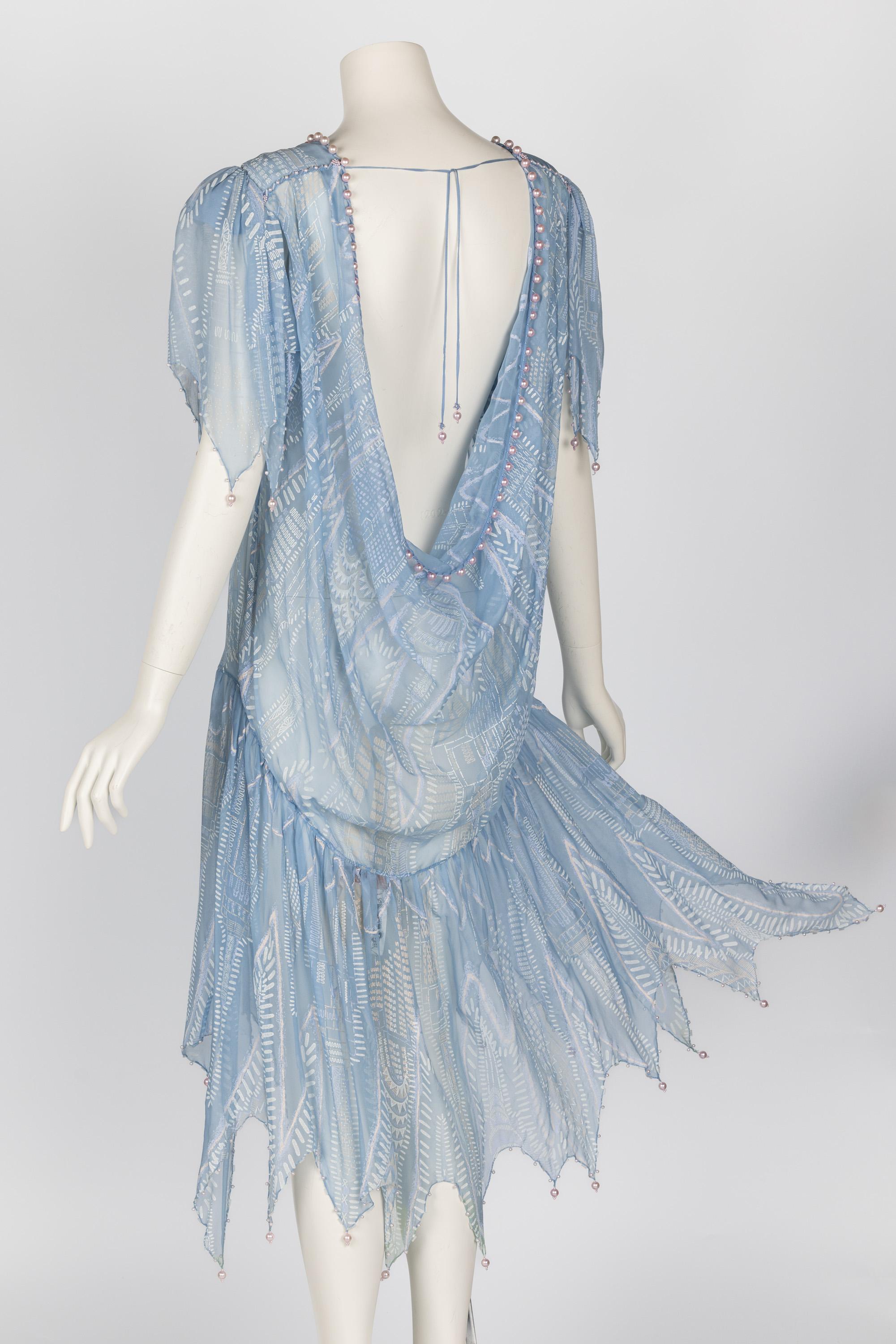 Zandra Rhodes Light Blue Hand Printed Sheer Silk Pearl Beaded Dress Museum Piece In Excellent Condition For Sale In Boca Raton, FL