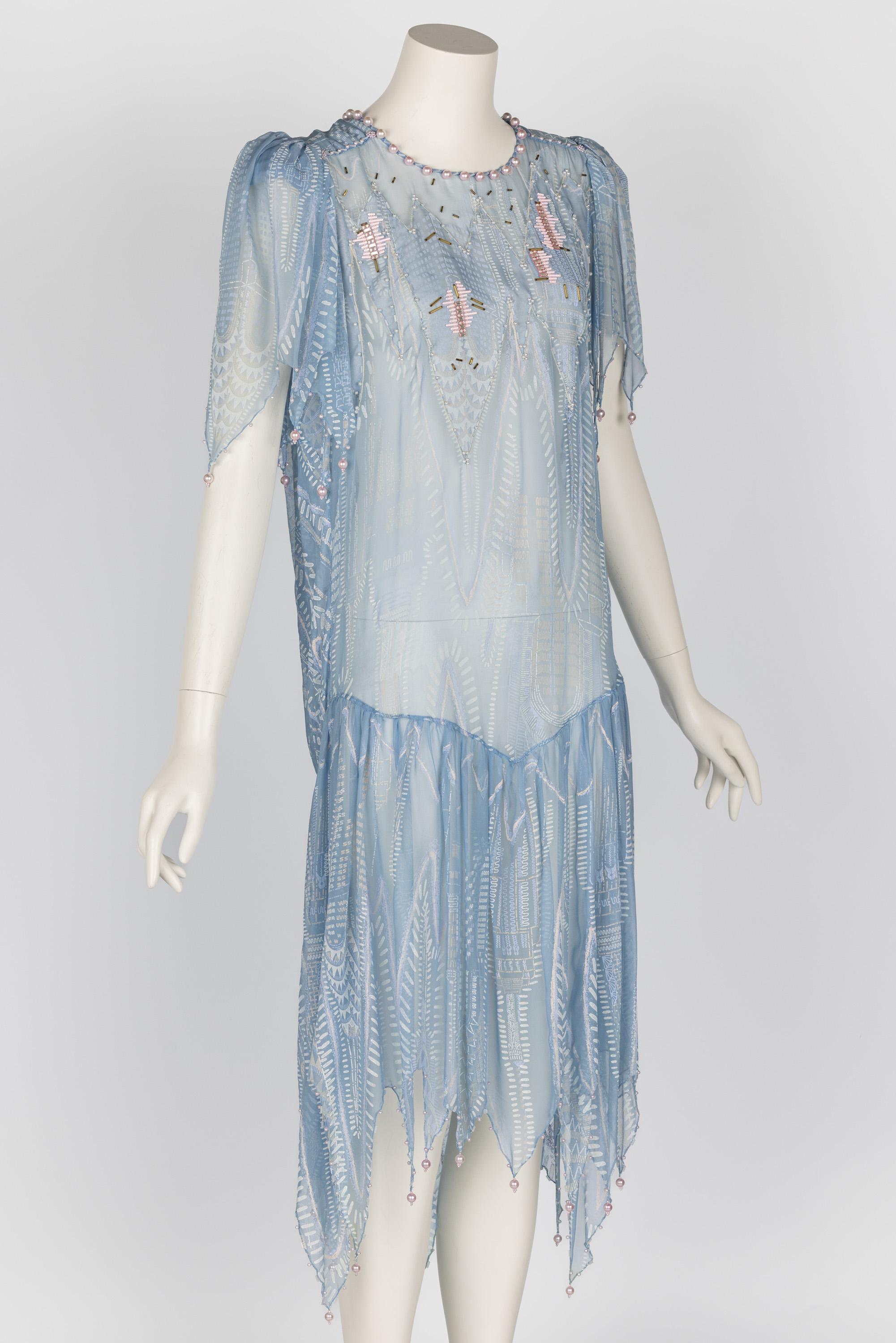 Women's Zandra Rhodes Light Blue Hand Printed Sheer Silk Pearl Beaded Dress Museum Piece For Sale
