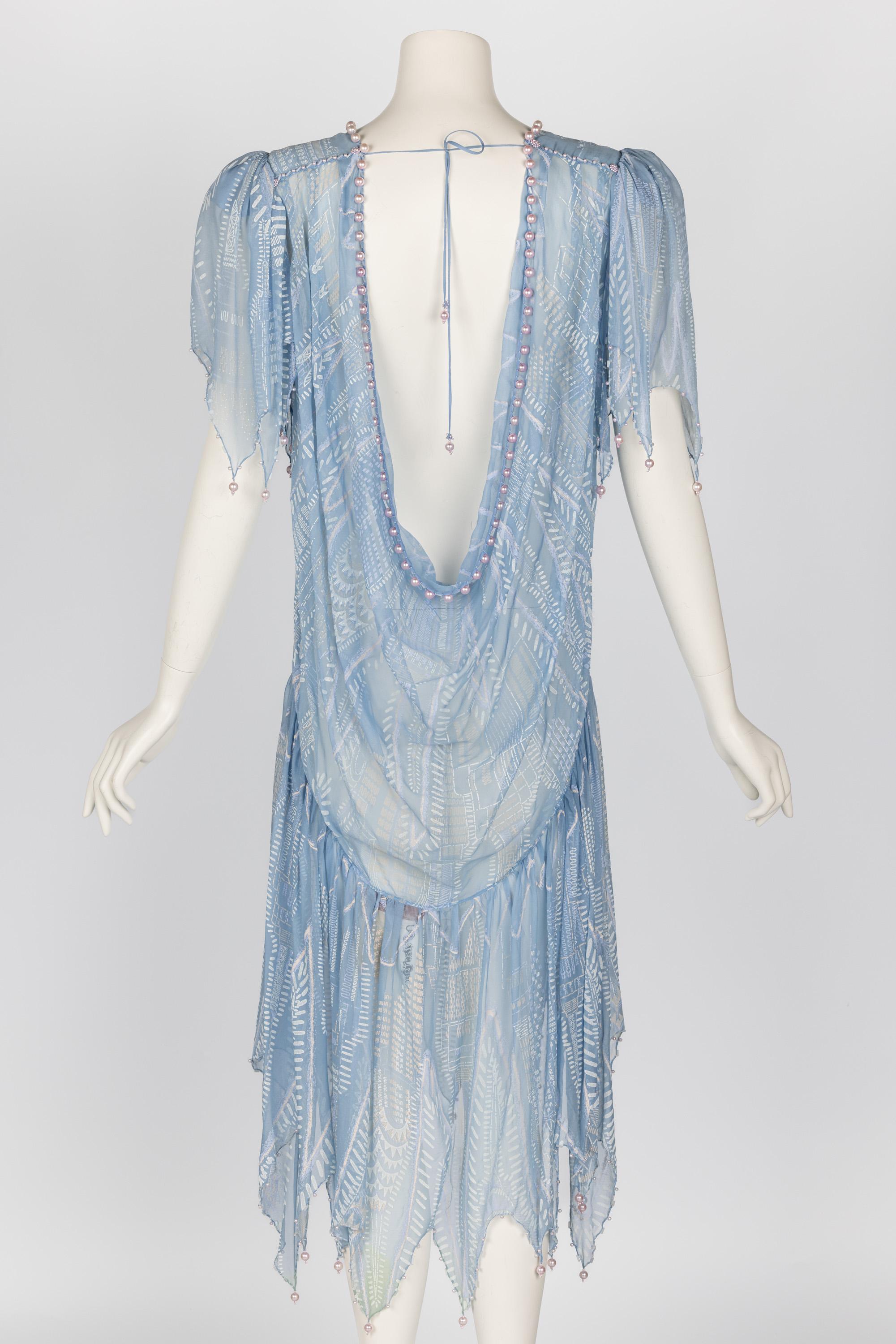 Zandra Rhodes Light Blue Hand Printed Sheer Silk Pearl Beaded Dress Museum Piece For Sale 1
