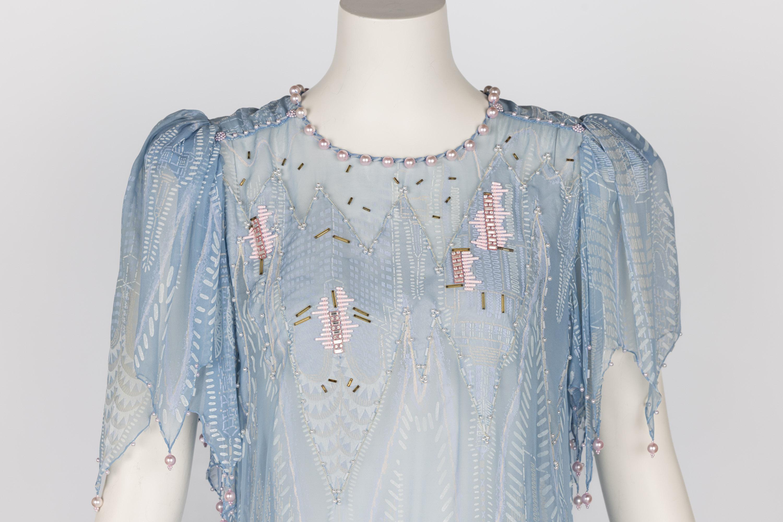 Zandra Rhodes Light Blue Hand Printed Sheer Silk Pearl Beaded Dress Museum Piece For Sale 2