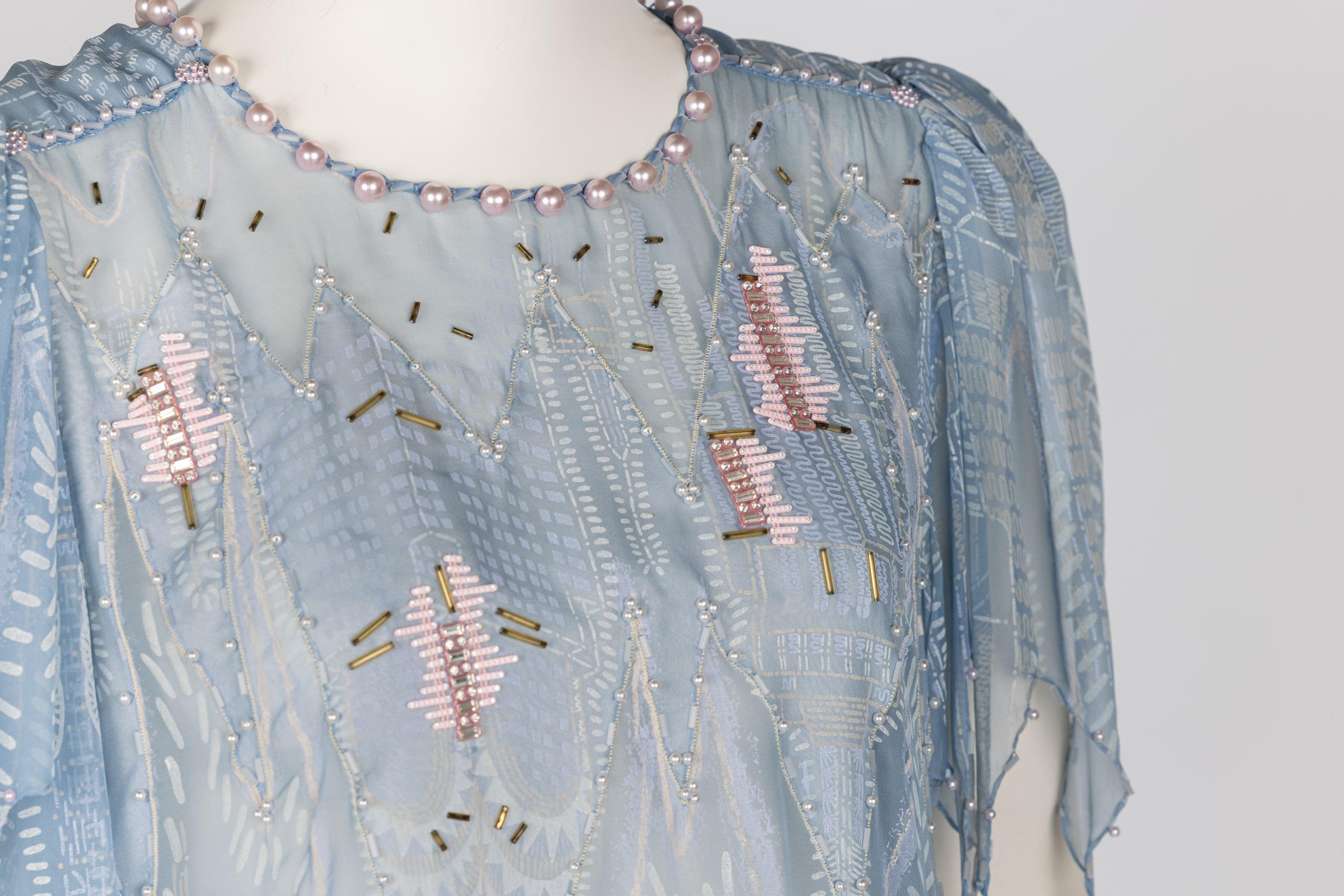 Zandra Rhodes Light Blue Hand Printed Sheer Silk Pearl Beaded Dress Museum Piece For Sale 3