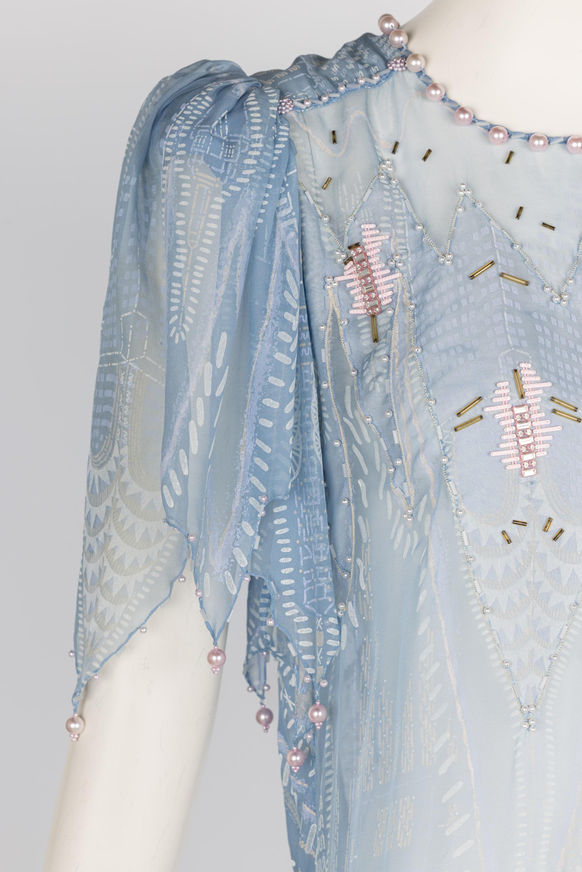 Zandra Rhodes Light Blue Hand Printed Sheer Silk Pearl Beaded Dress Museum Piece For Sale 4