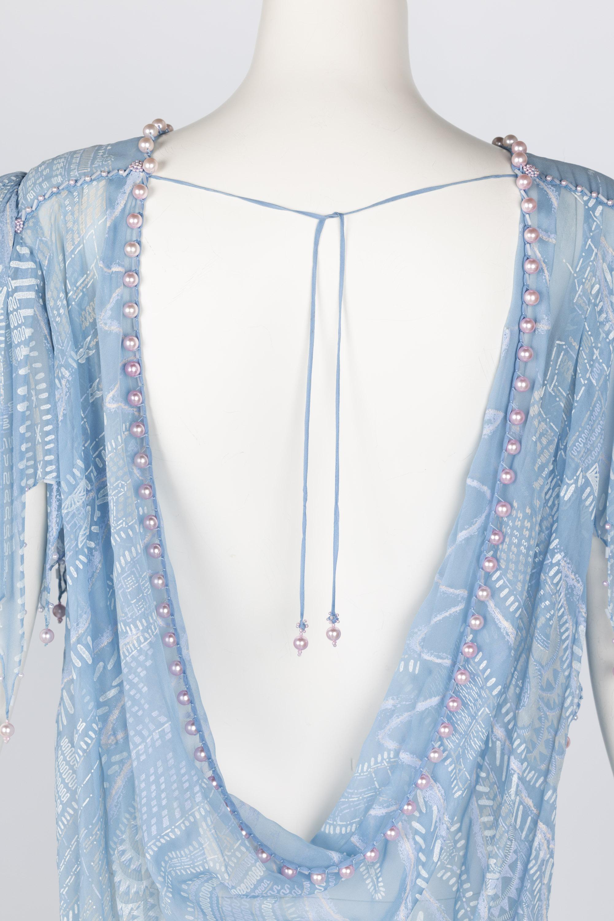 Zandra Rhodes Light Blue Hand Printed Sheer Silk Pearl Beaded Dress Museum Piece For Sale 5