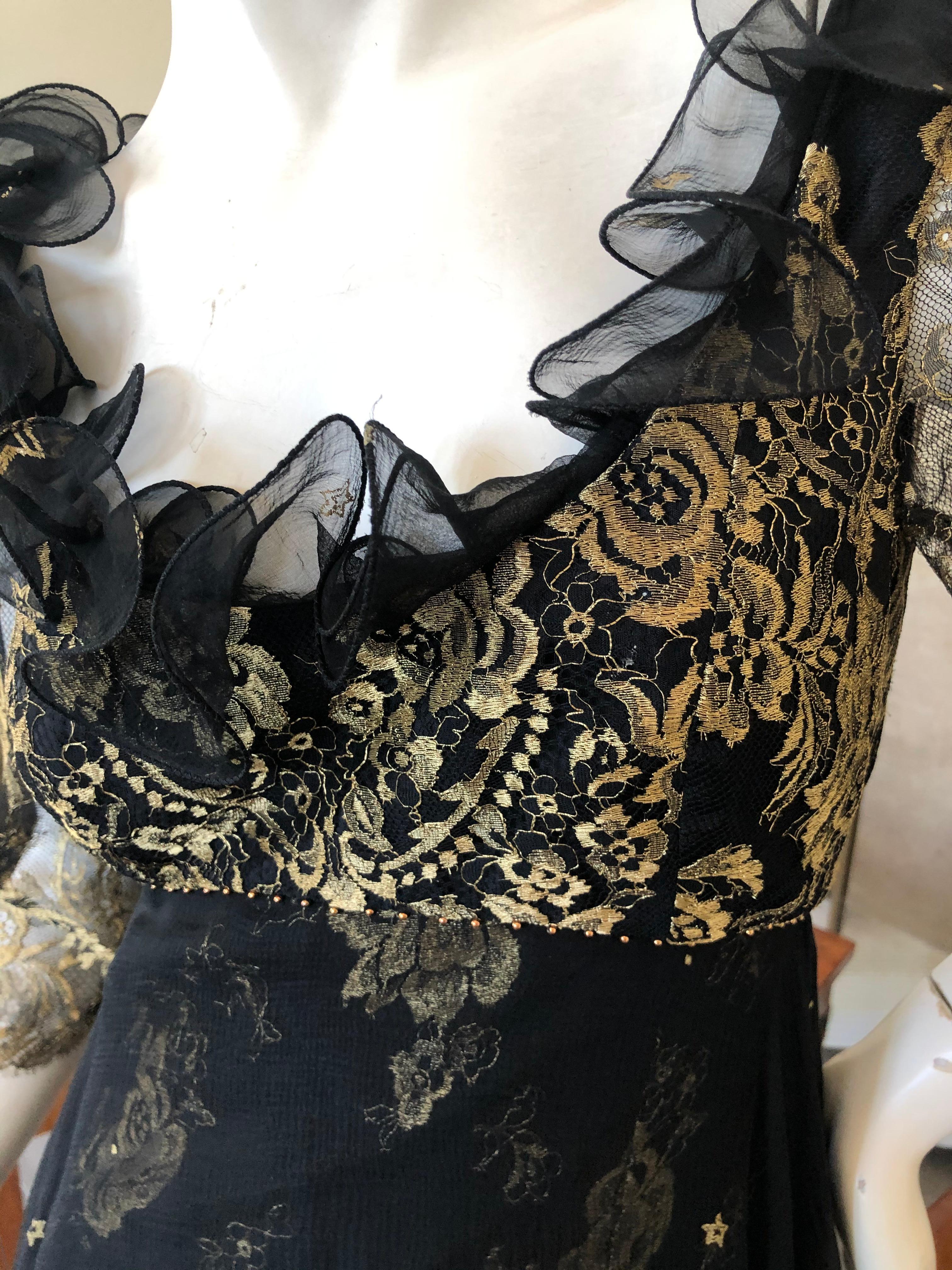 Black Zandra Rhodes London for Saks Fifth Avenue 80's Gold Lace Ruffled Dress For Sale