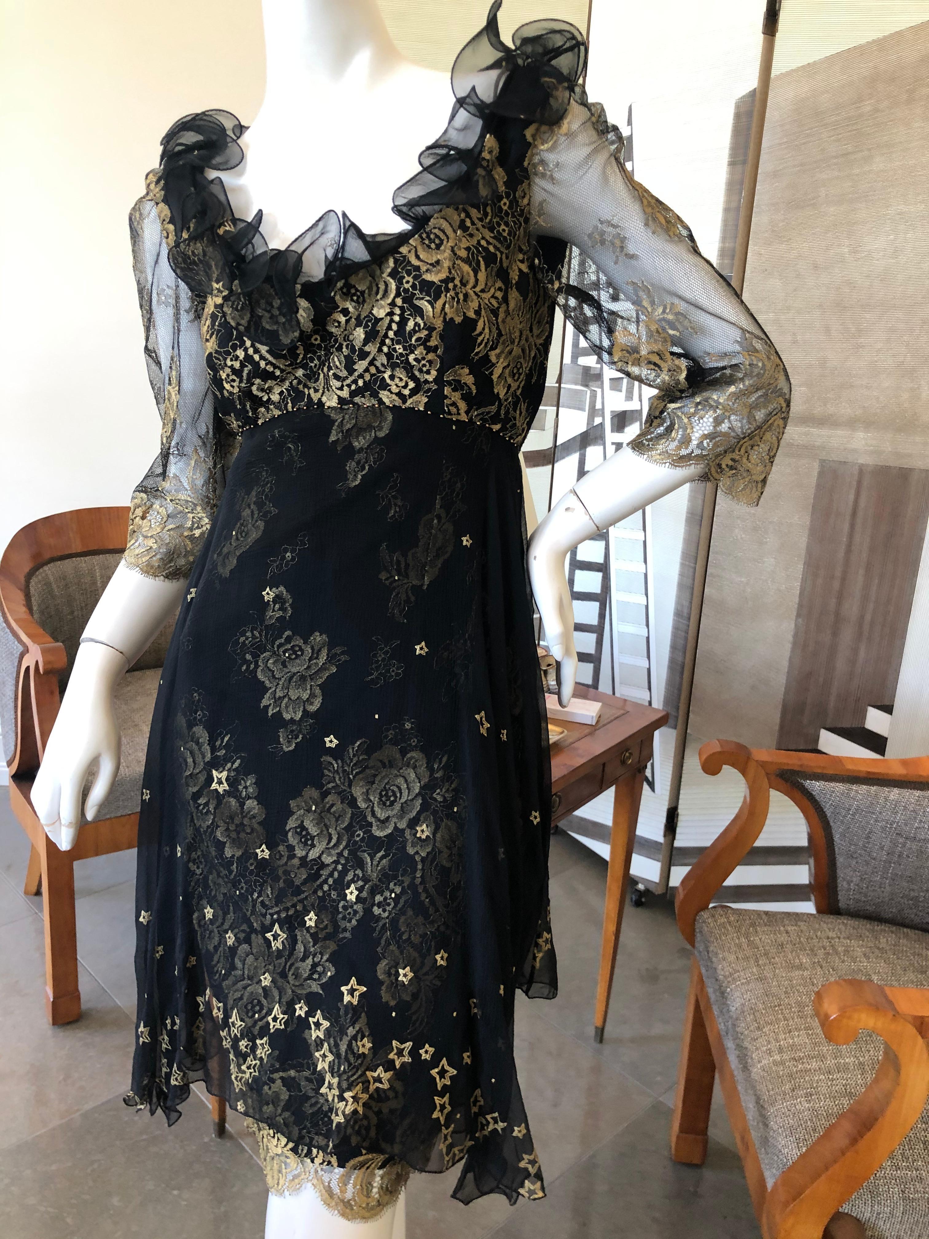 Zandra Rhodes London for Saks Fifth Avenue 80's Gold Lace Ruffled Dress In Excellent Condition For Sale In Cloverdale, CA