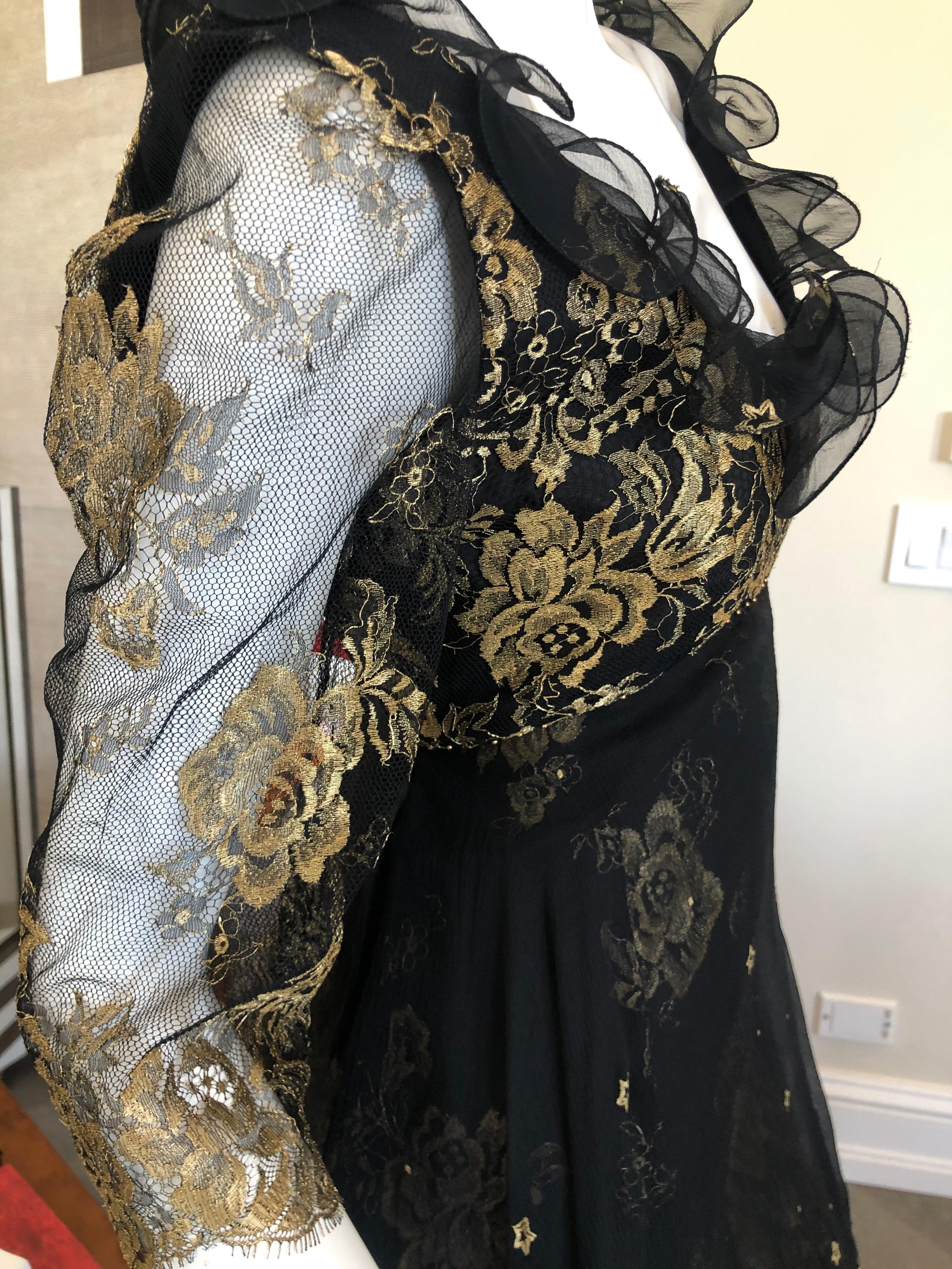 Women's Zandra Rhodes London for Saks Fifth Avenue 80's Gold Lace Ruffled Dress For Sale