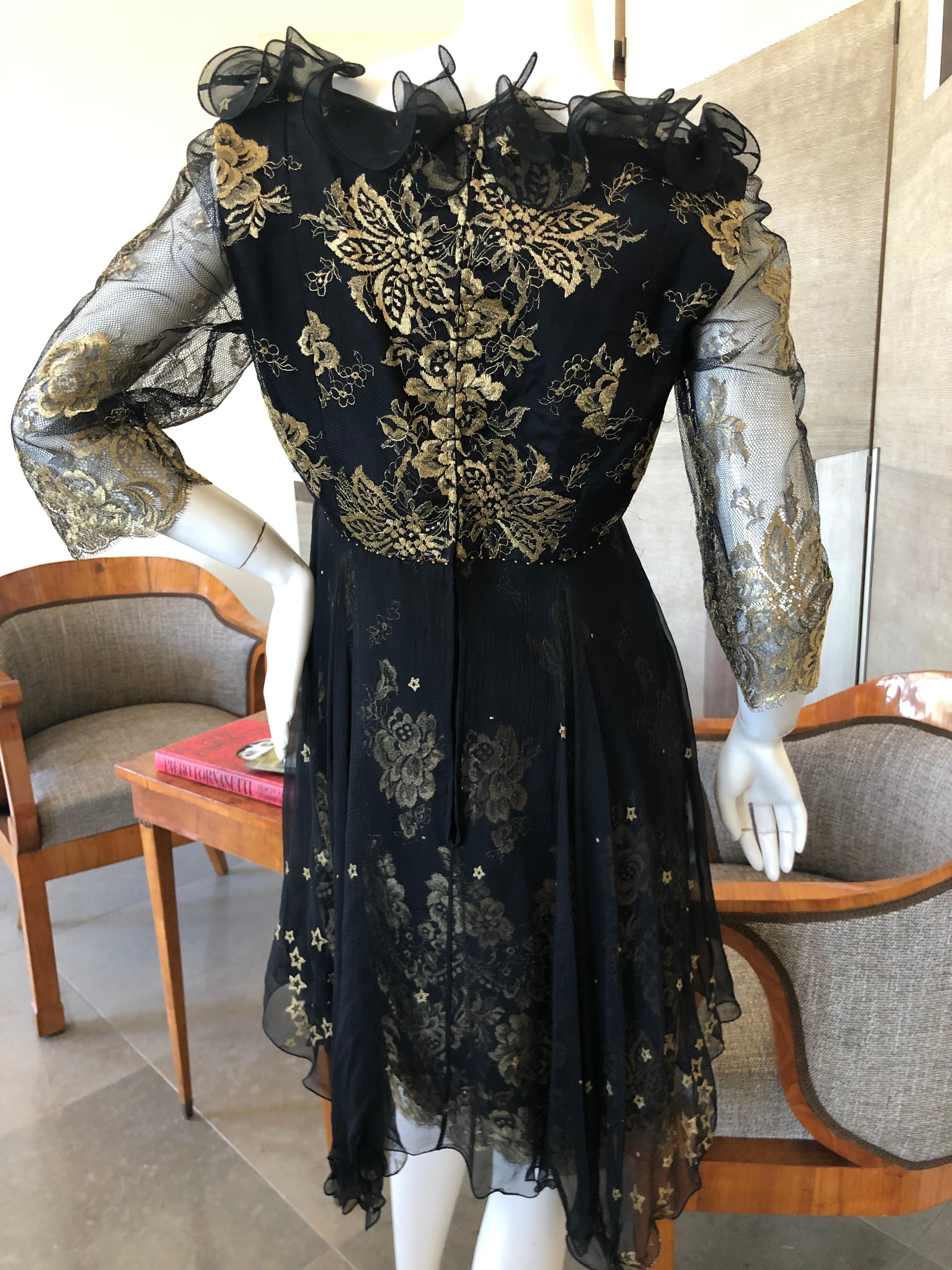 Zandra Rhodes London for Saks Fifth Avenue 80's Gold Lace Ruffled Dress For Sale 1