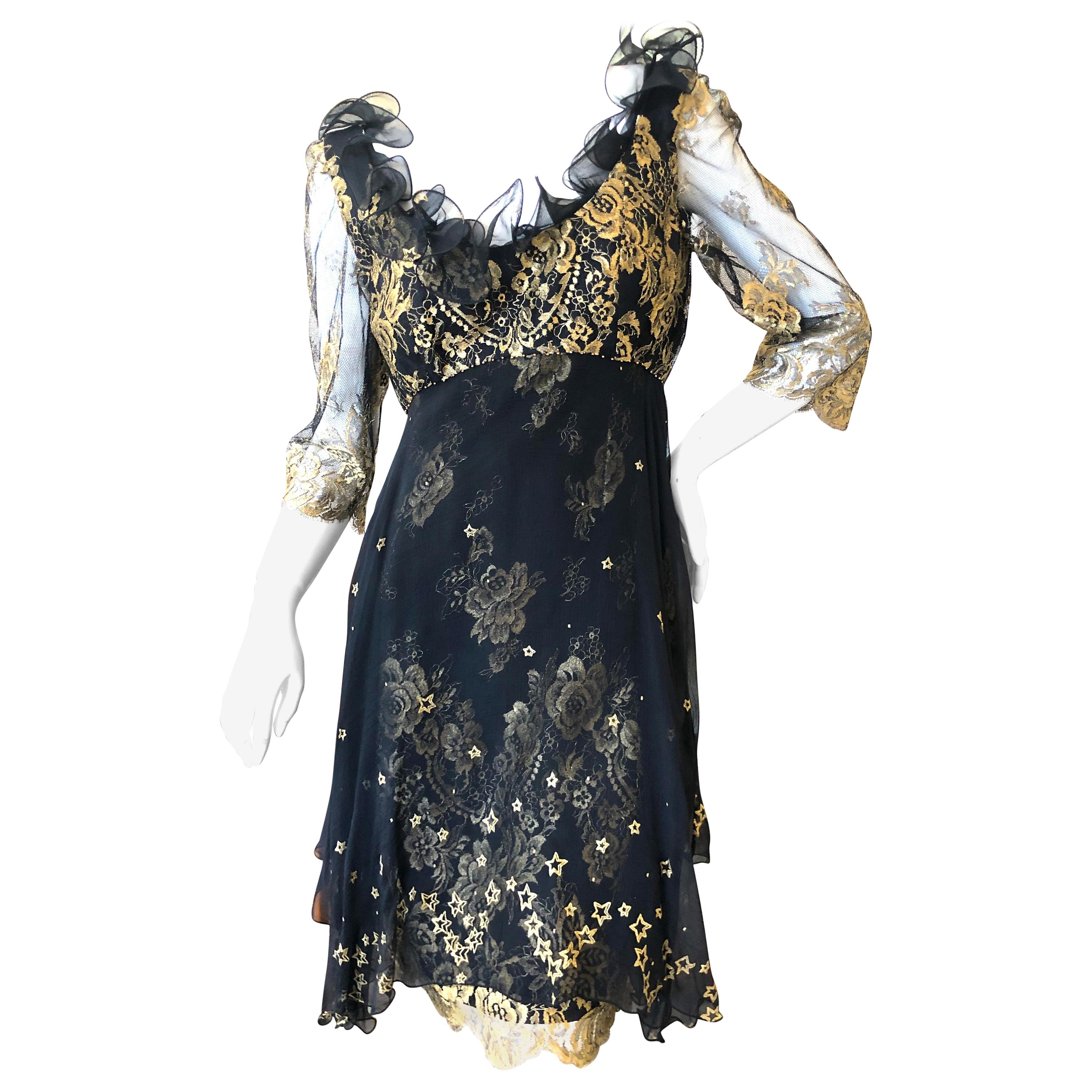 Zandra Rhodes London for Saks Fifth Avenue 80's Gold Lace Ruffled Dress For Sale