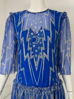 Zandra Rhodes London Moon & Stars Printed Silk Bead Sequin Pearl Ruffle Dress