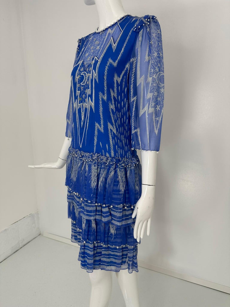 princess polly baby blue dress Zandra Rhodes London Moon and Stars Printed Silk Bead Sequin Pearl Ruffle  Dress For Sale at 1stDibs