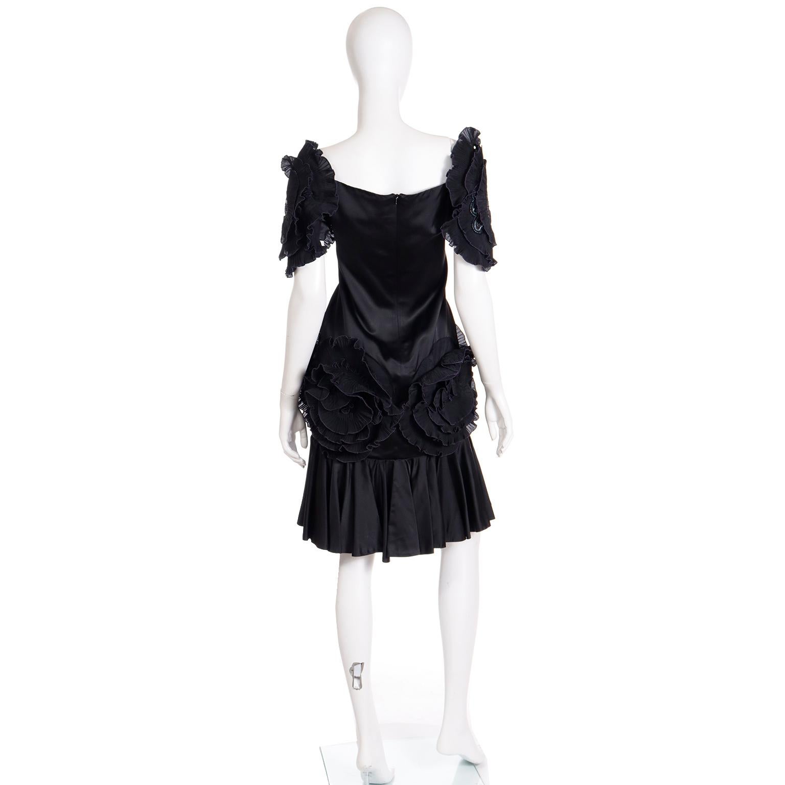 Zandra Rhodes London Vintage Black Dress W Rosettes Beads & Sequins In Excellent Condition For Sale In Portland, OR