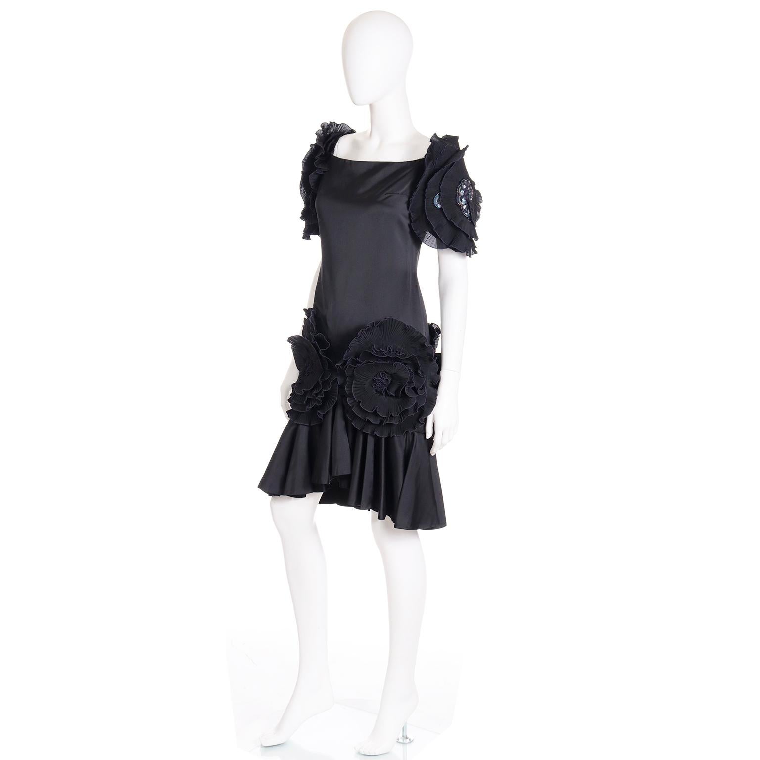 Women's Zandra Rhodes London Vintage Black Dress W Rosettes Beads & Sequins For Sale