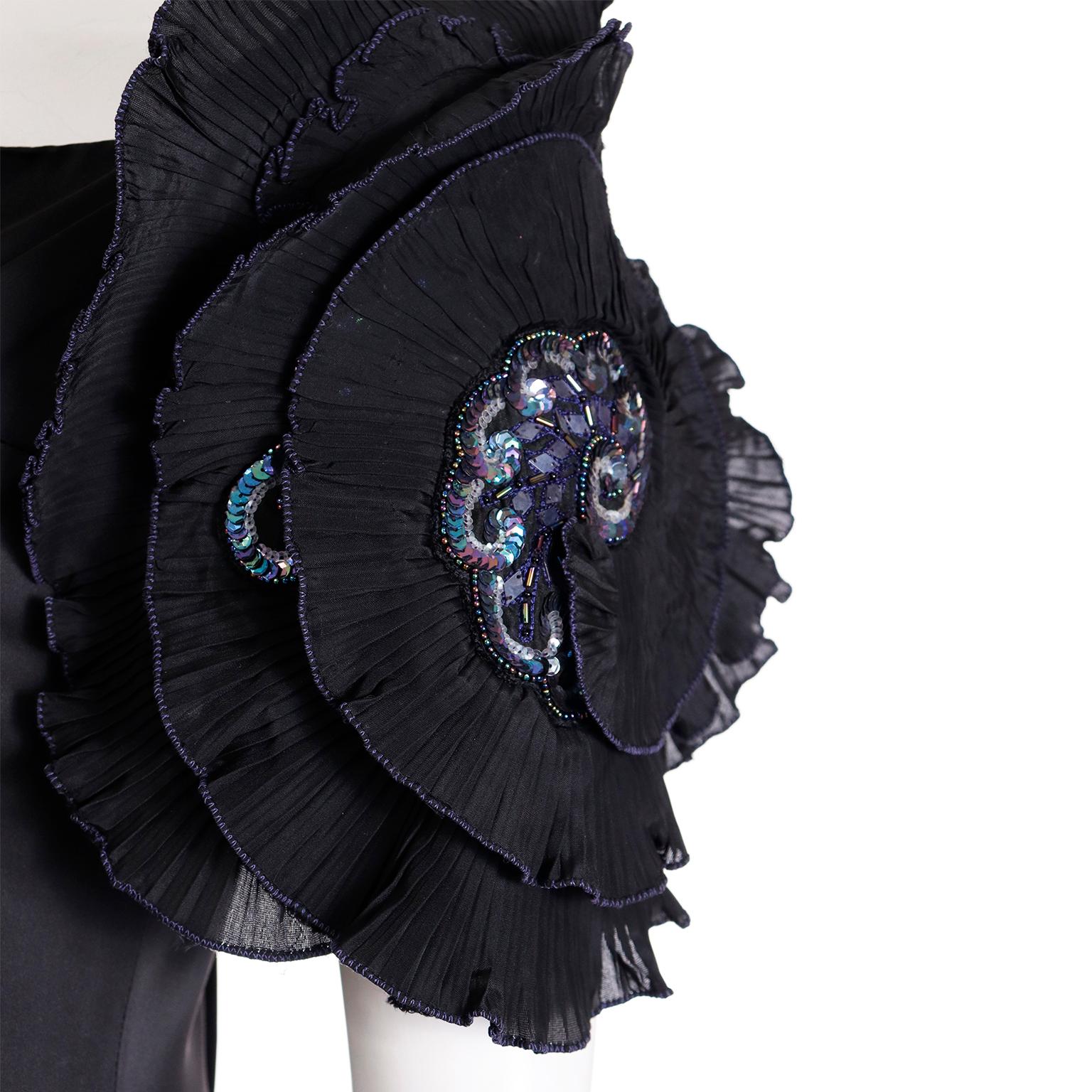 Zandra Rhodes London Vintage Black Dress W Rosettes Beads & Sequins For Sale 1