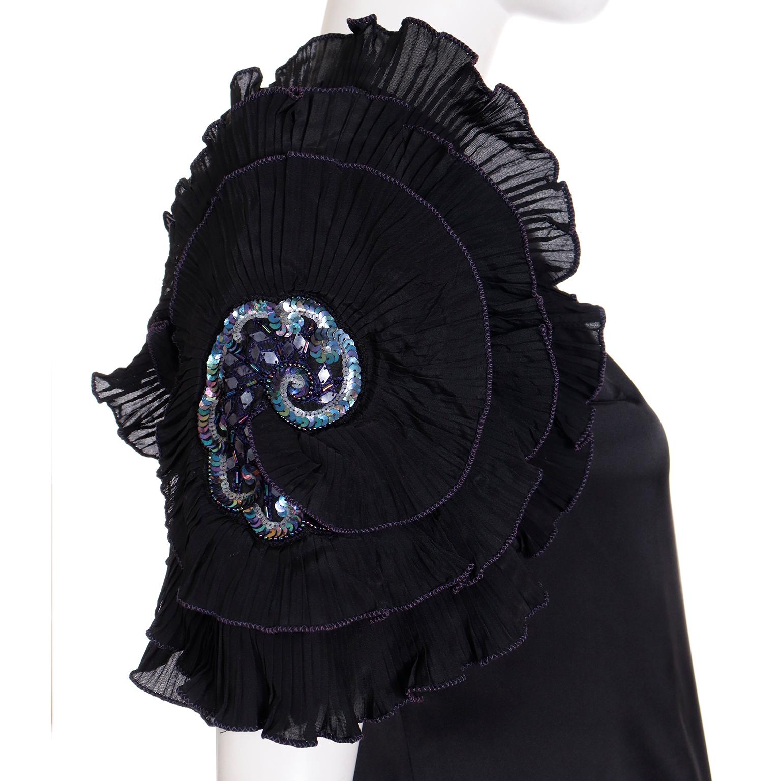 Zandra Rhodes London Vintage Black Dress W Rosettes Beads & Sequins For Sale 2