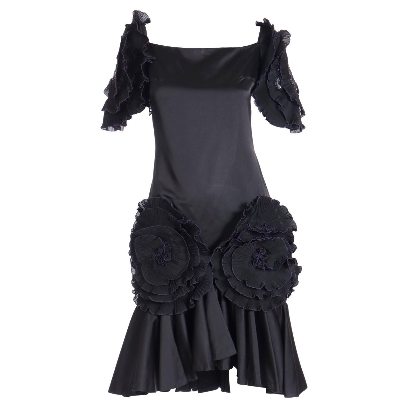 Zandra Rhodes London Vintage Black Dress W Rosettes Beads & Sequins For Sale