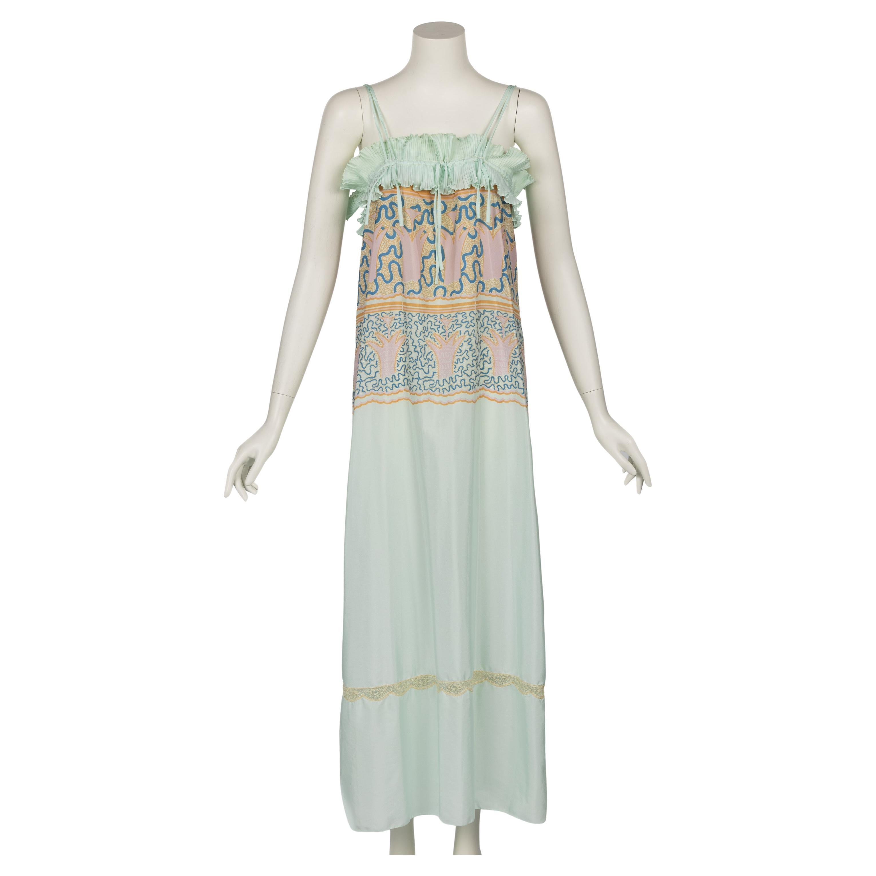 Zandra Rhodes Mint Green Printed Caftan Dress Set, 1970s For Sale 5
