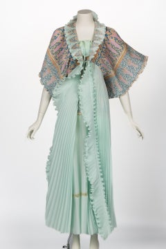 Zandra Rhodes Mint Green Printed Caftan Dress Set, 1970s