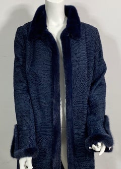 Zandra Rhodes Navy Blue Broadtail and Mink Long Coat - Small/Medium