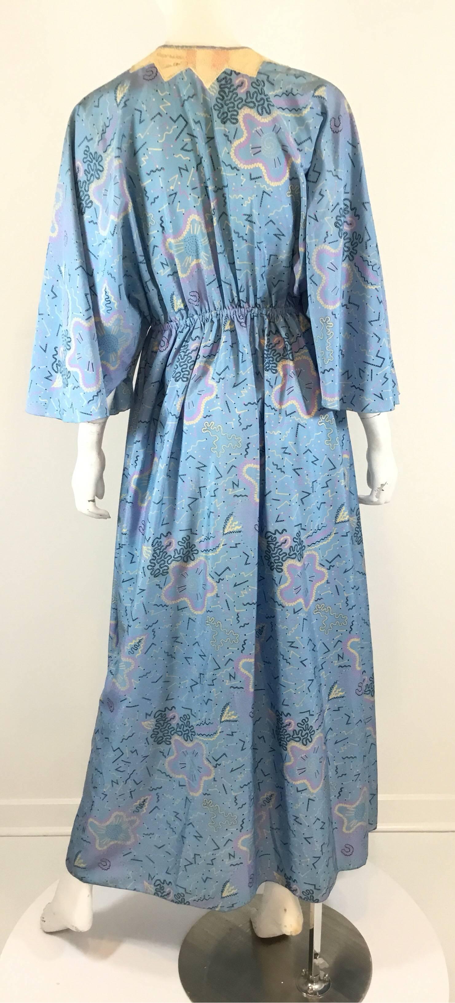 Blue Zandra Rhodes Print Caftan Maxi Dress Vintage 