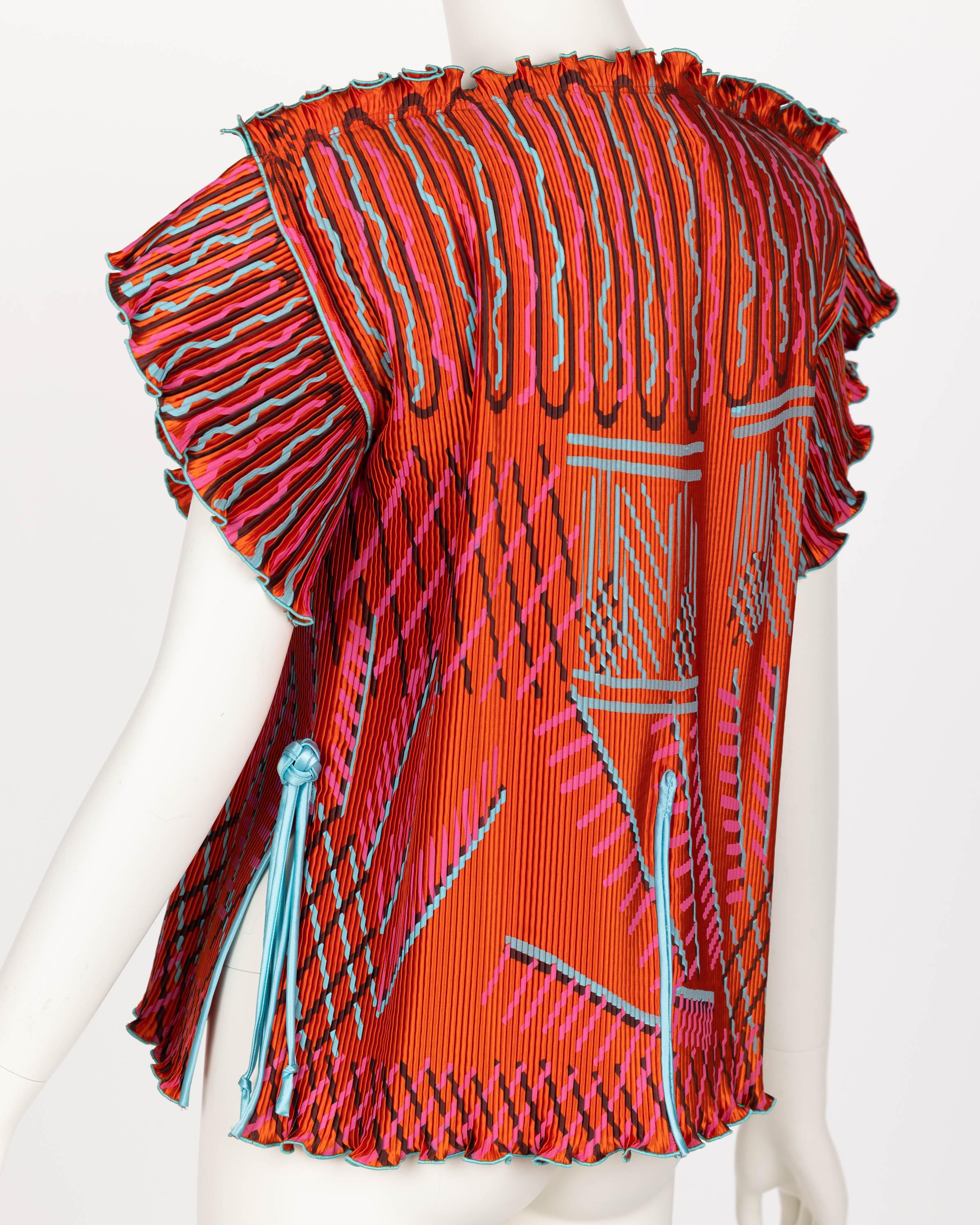 Zandra Rhodes Red Orange Hand Painted Pleated Jacket Top 1970s In Excellent Condition For Sale In Boca Raton, FL