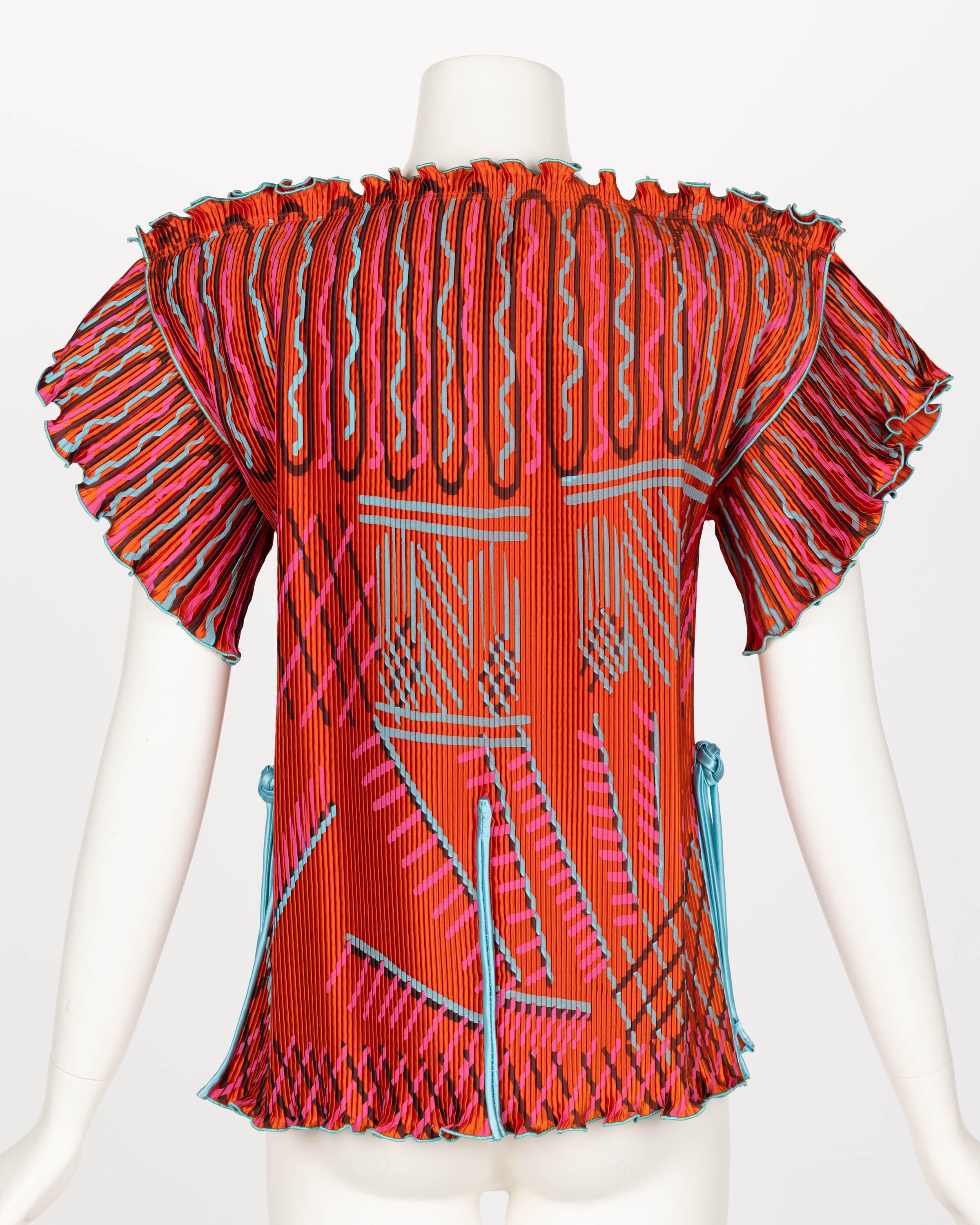 Women's Zandra Rhodes Red Orange Hand Painted Pleated Jacket Top 1970s For Sale