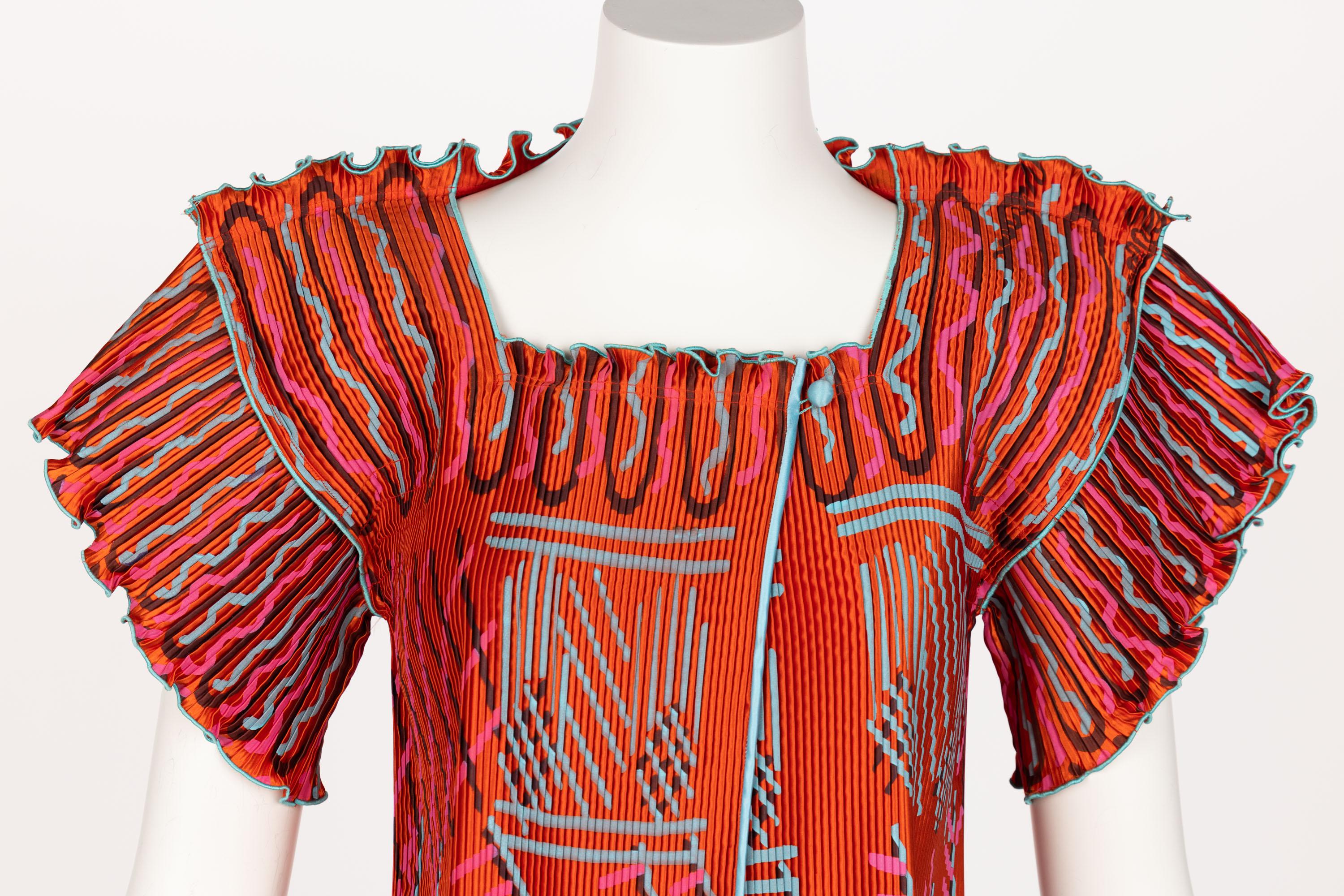 Zandra Rhodes Red Orange Hand Painted Pleated Jacket Top 1970s For Sale 1
