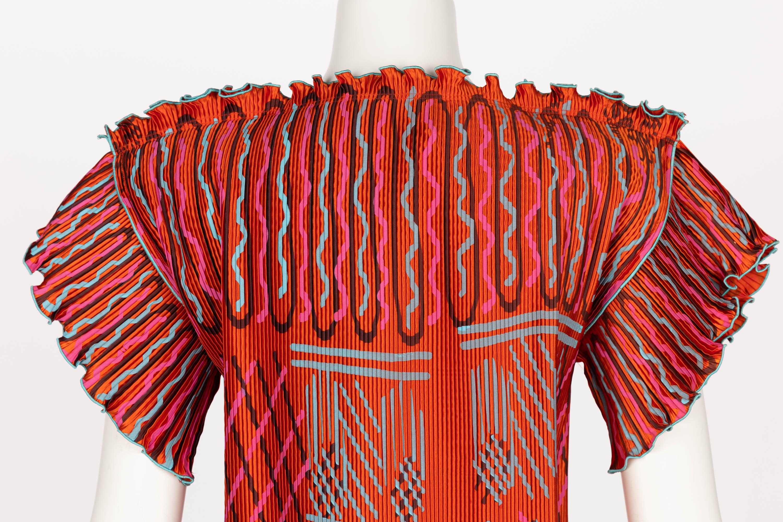 Zandra Rhodes Red Orange Hand Painted Pleated Jacket Top 1970s For Sale 2