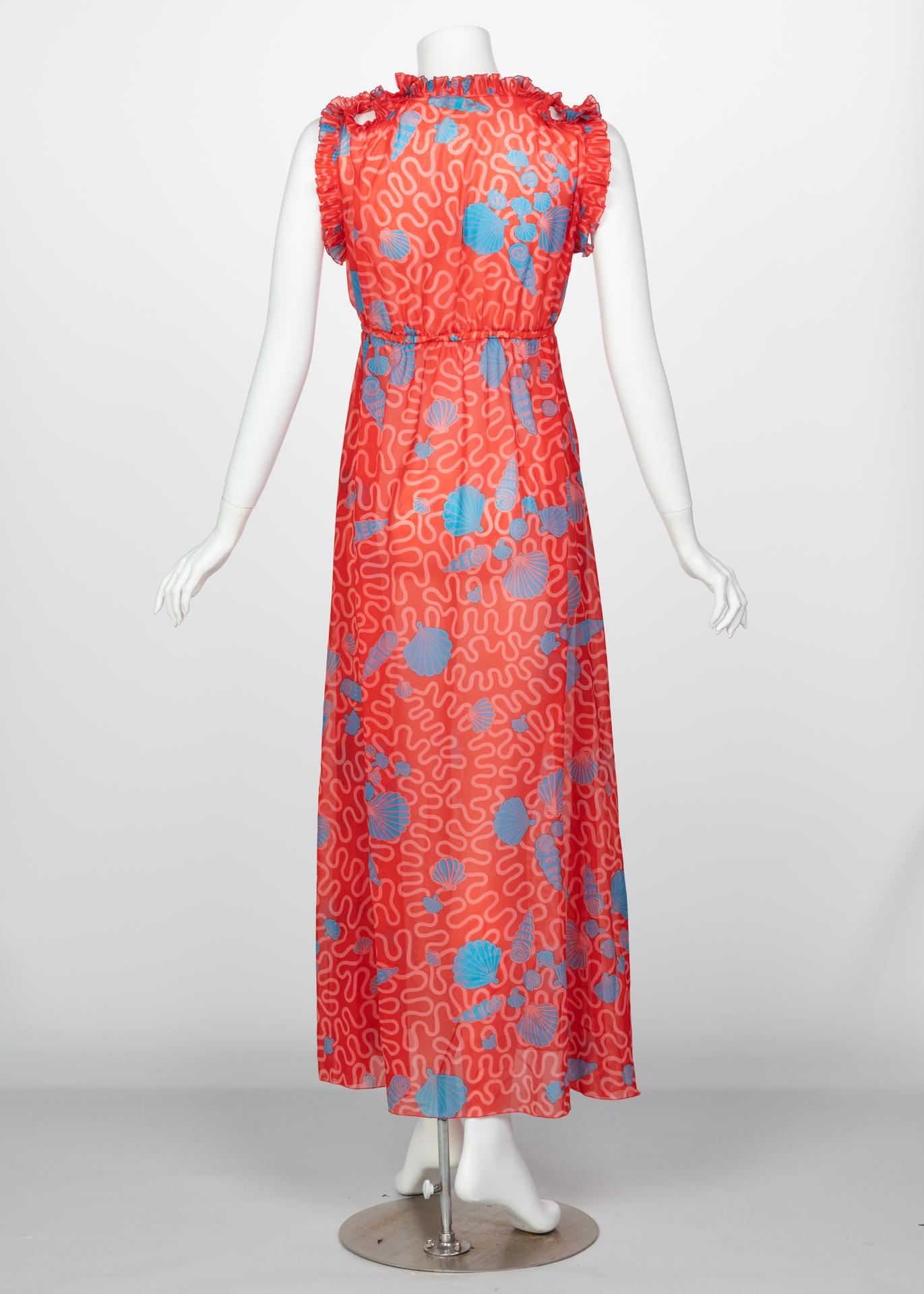 Zandra Rhodes Red Pleated Shell print Caftan and Sleeveless Dress Set, 1970s 6