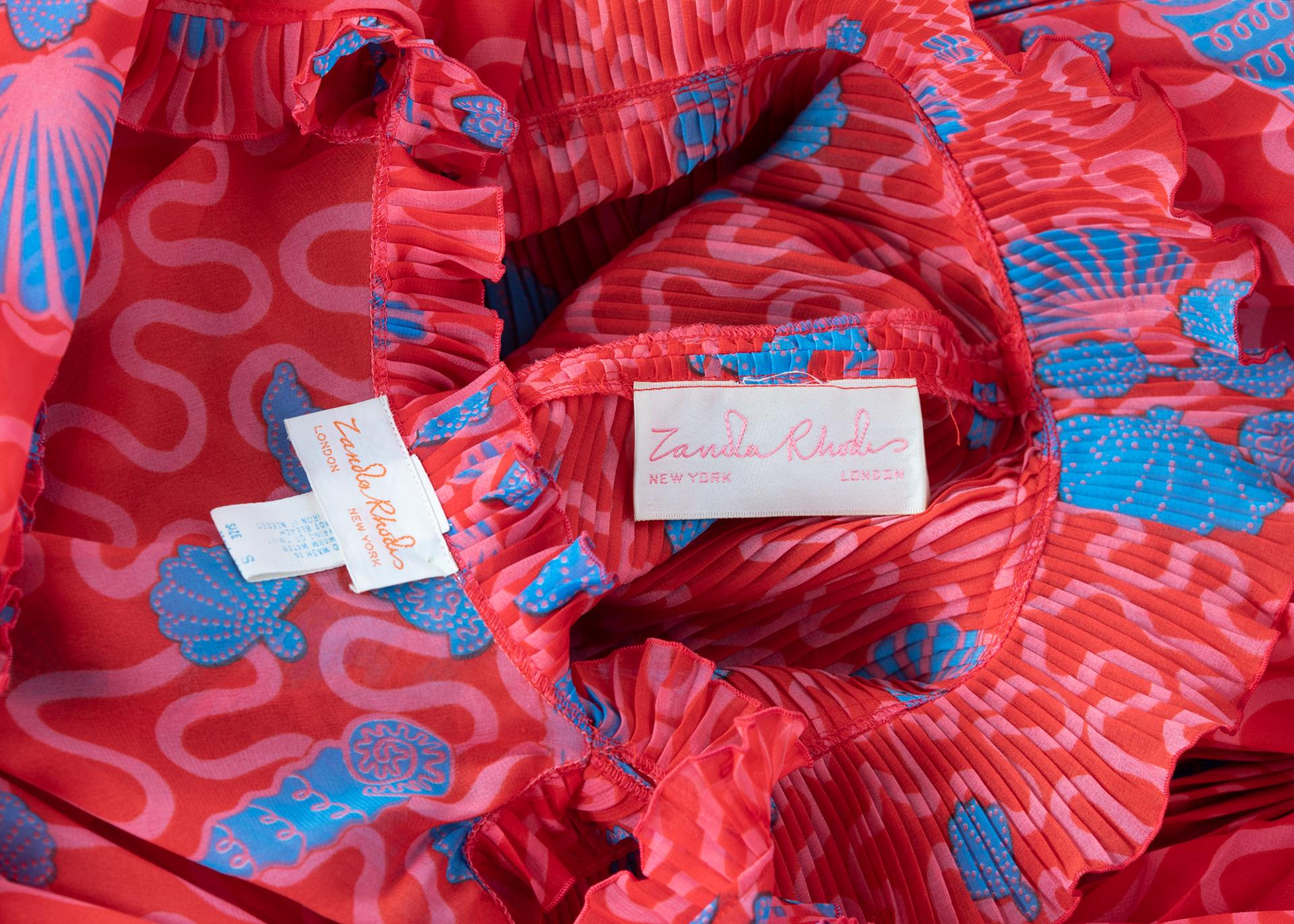 Zandra Rhodes Red Pleated Shell print Caftan and Sleeveless Dress Set, 1970s 8