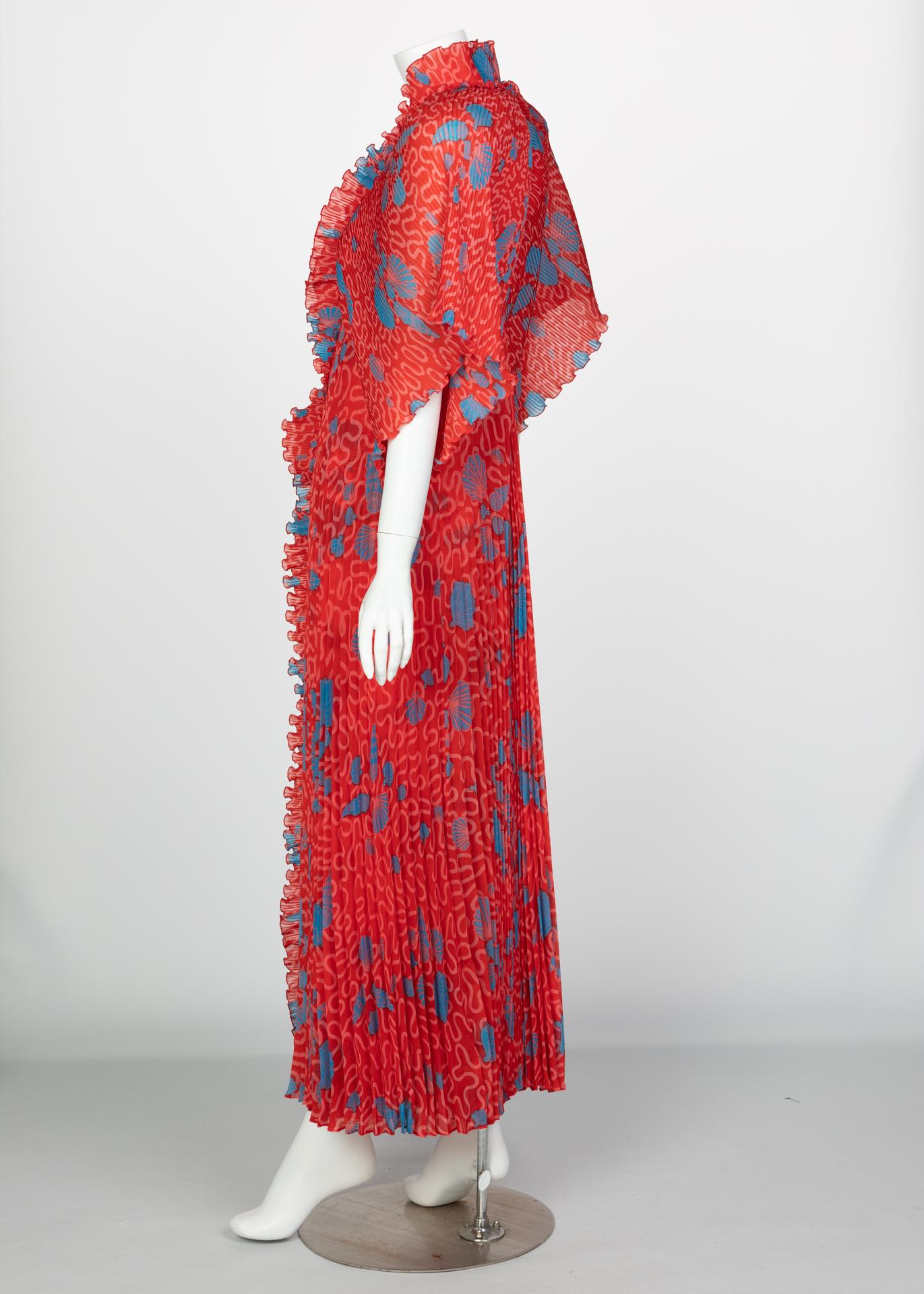 Women's Zandra Rhodes Red Pleated Shell print Caftan and Sleeveless Dress Set, 1970s