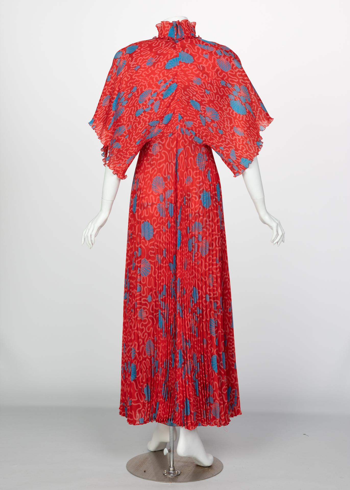 Zandra Rhodes Red Pleated Shell print Caftan and Sleeveless Dress Set, 1970s 1