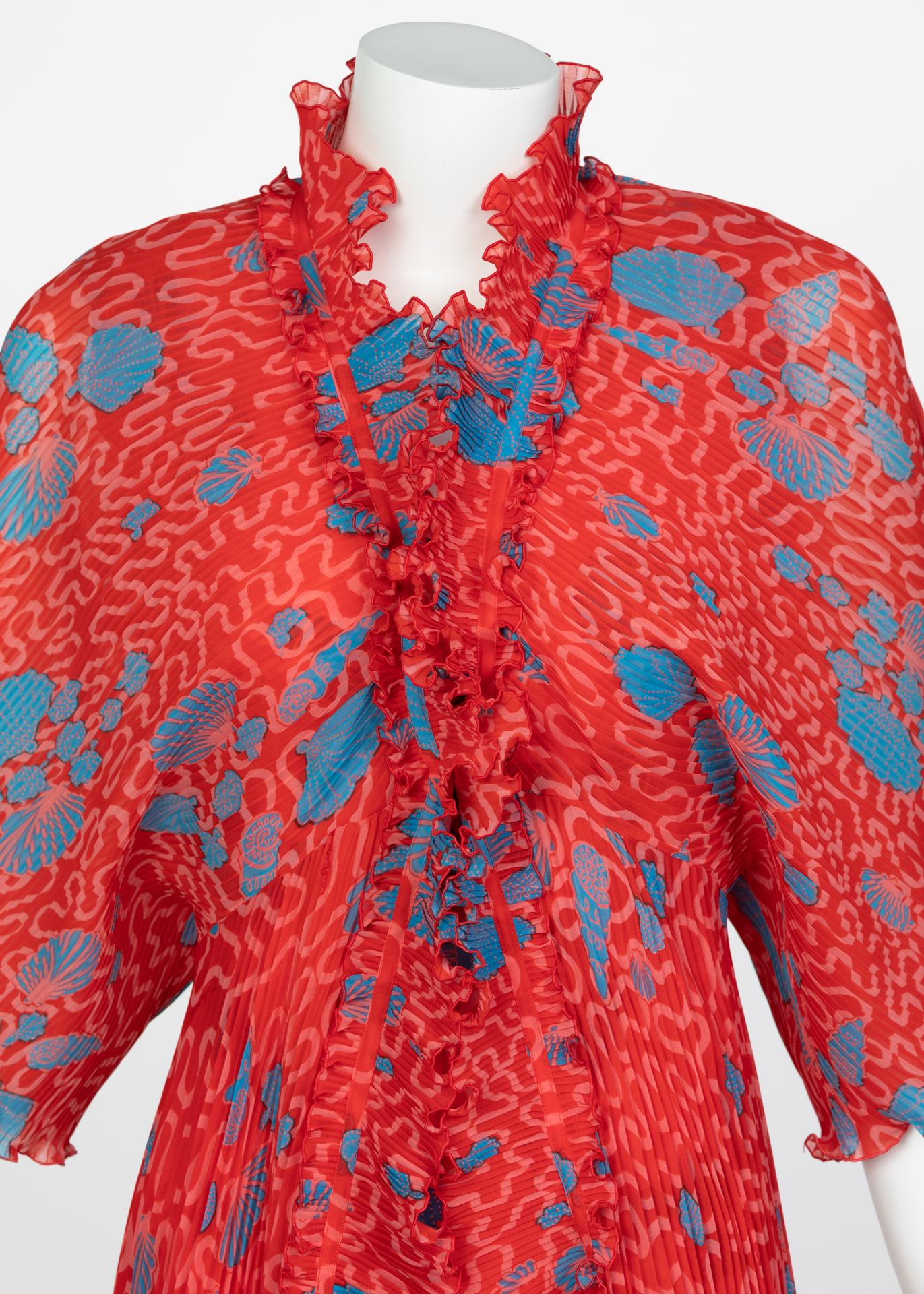Zandra Rhodes Red Pleated Shell print Caftan and Sleeveless Dress Set, 1970s 2