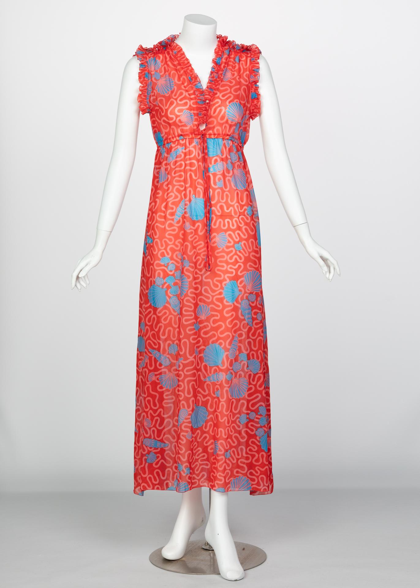 Zandra Rhodes Red Pleated Shell print Caftan and Sleeveless Dress Set, 1970s 3