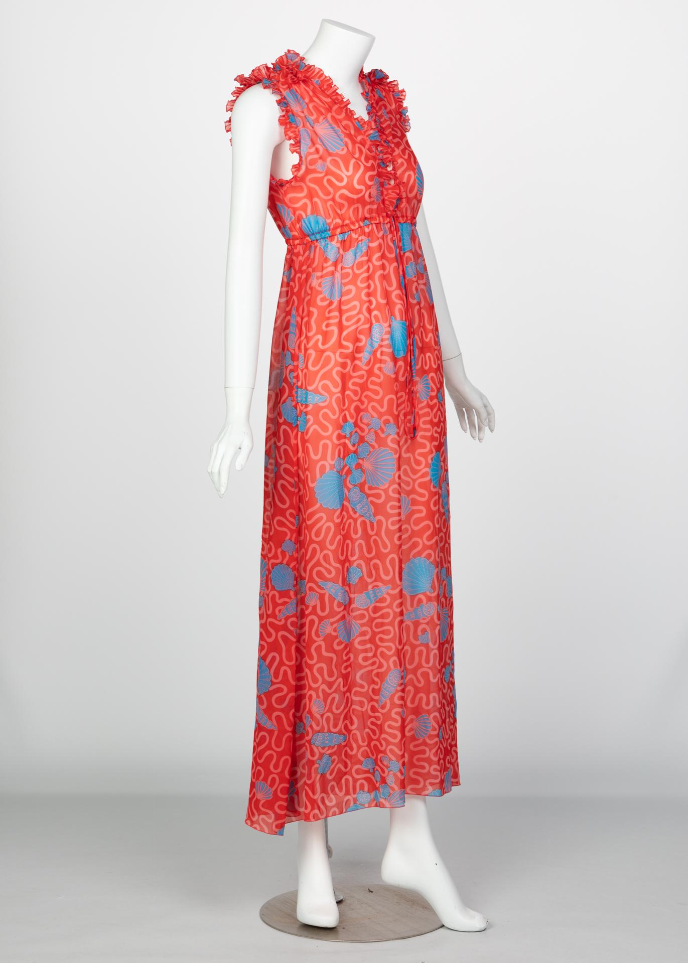 Zandra Rhodes Red Pleated Shell print Caftan and Sleeveless Dress Set, 1970s 4
