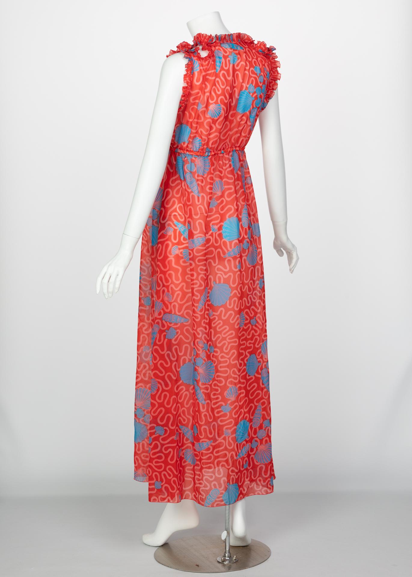 Zandra Rhodes Red Pleated Shell print Caftan and Sleeveless Dress Set, 1970s 5