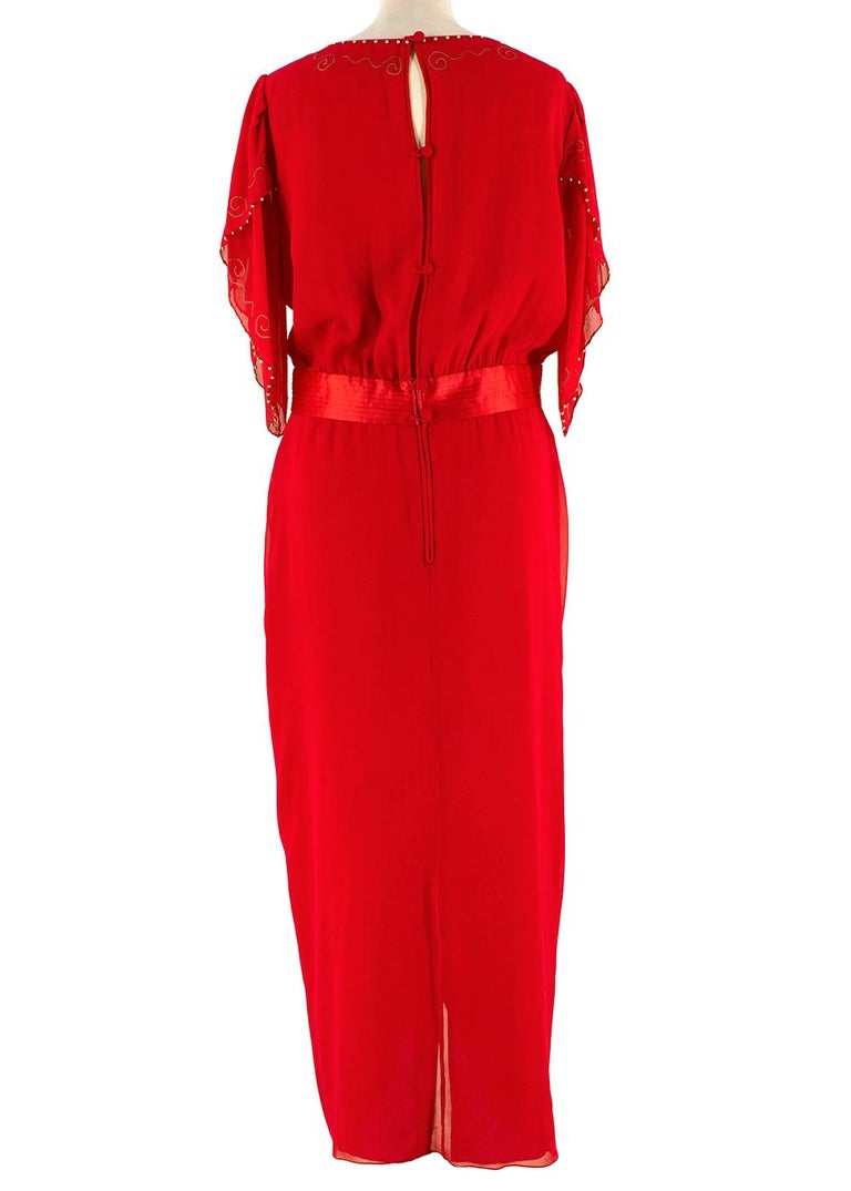 Zandra Rhodes Red Silk Hand Painted Long Dress US8 For Sale at 1stDibs