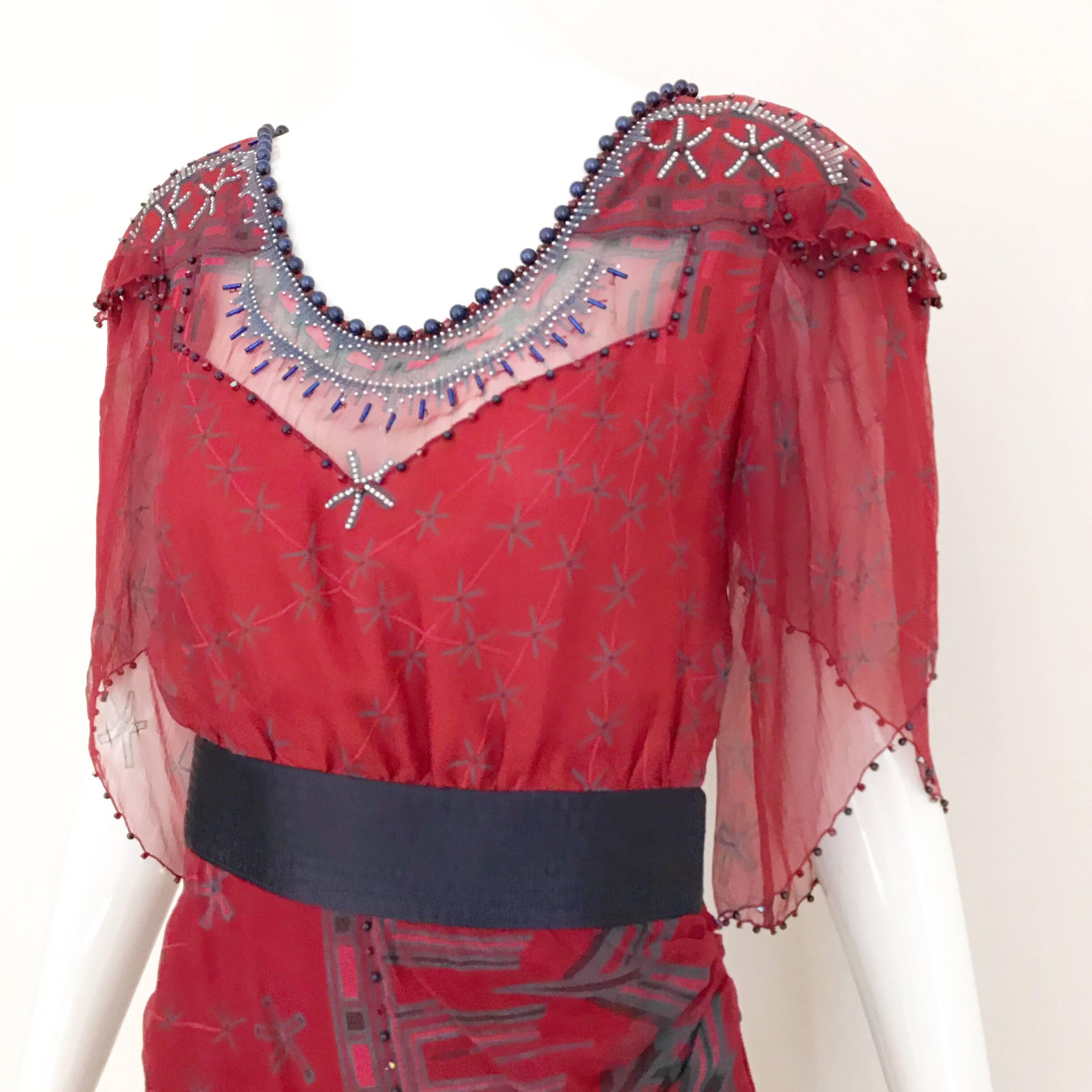 Women's 1980s Zandra Rhodes Red Silk Print Dress with Pearls