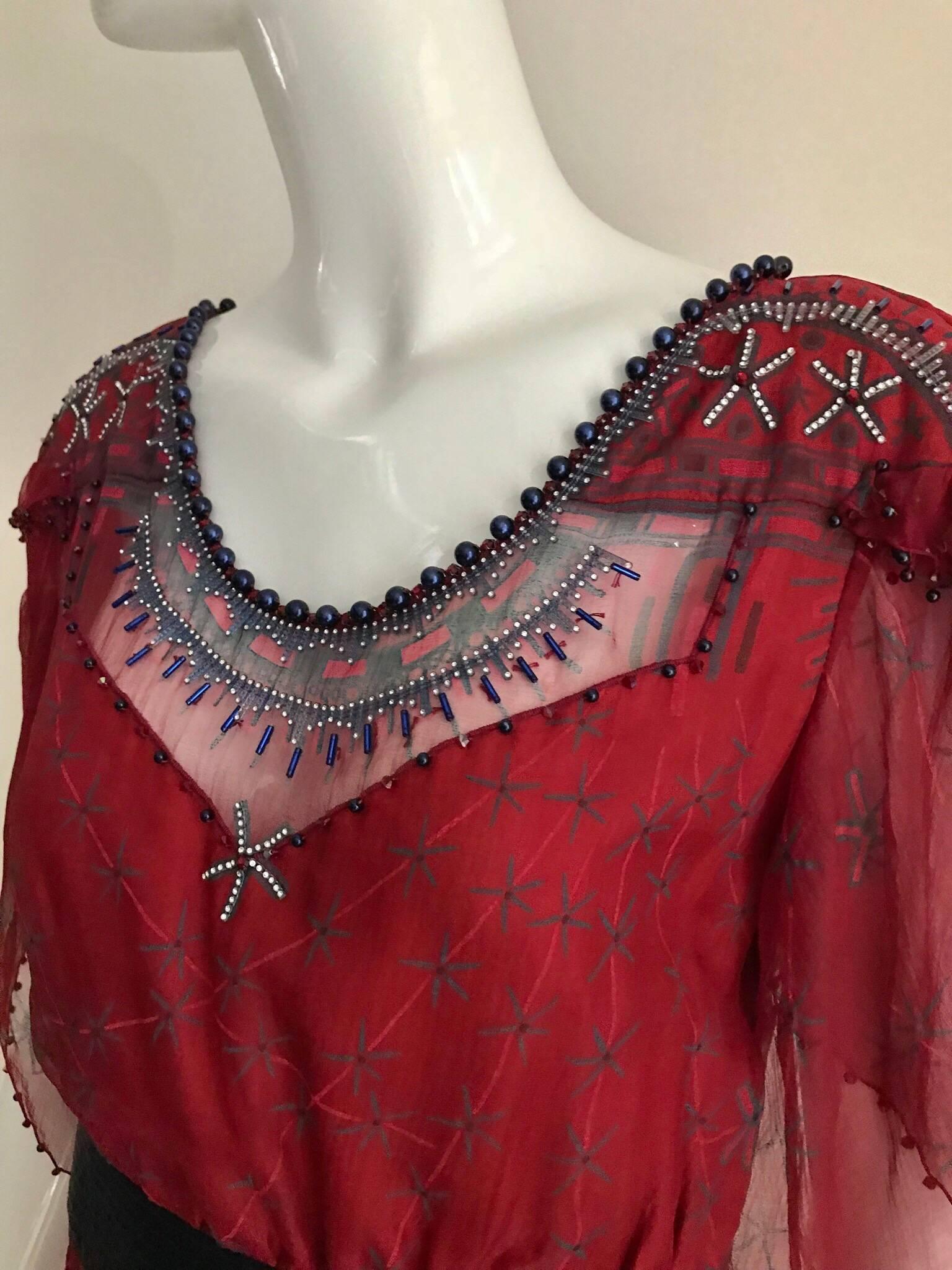 1980s Zandra Rhodes Red Silk Print Dress with Pearls 1