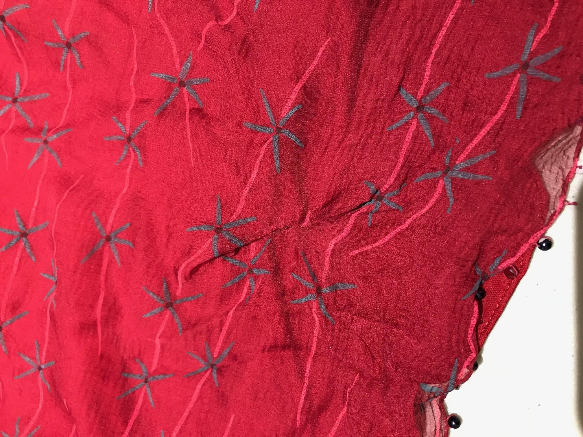 1980s Zandra Rhodes Red Silk Print Dress with Pearls 4