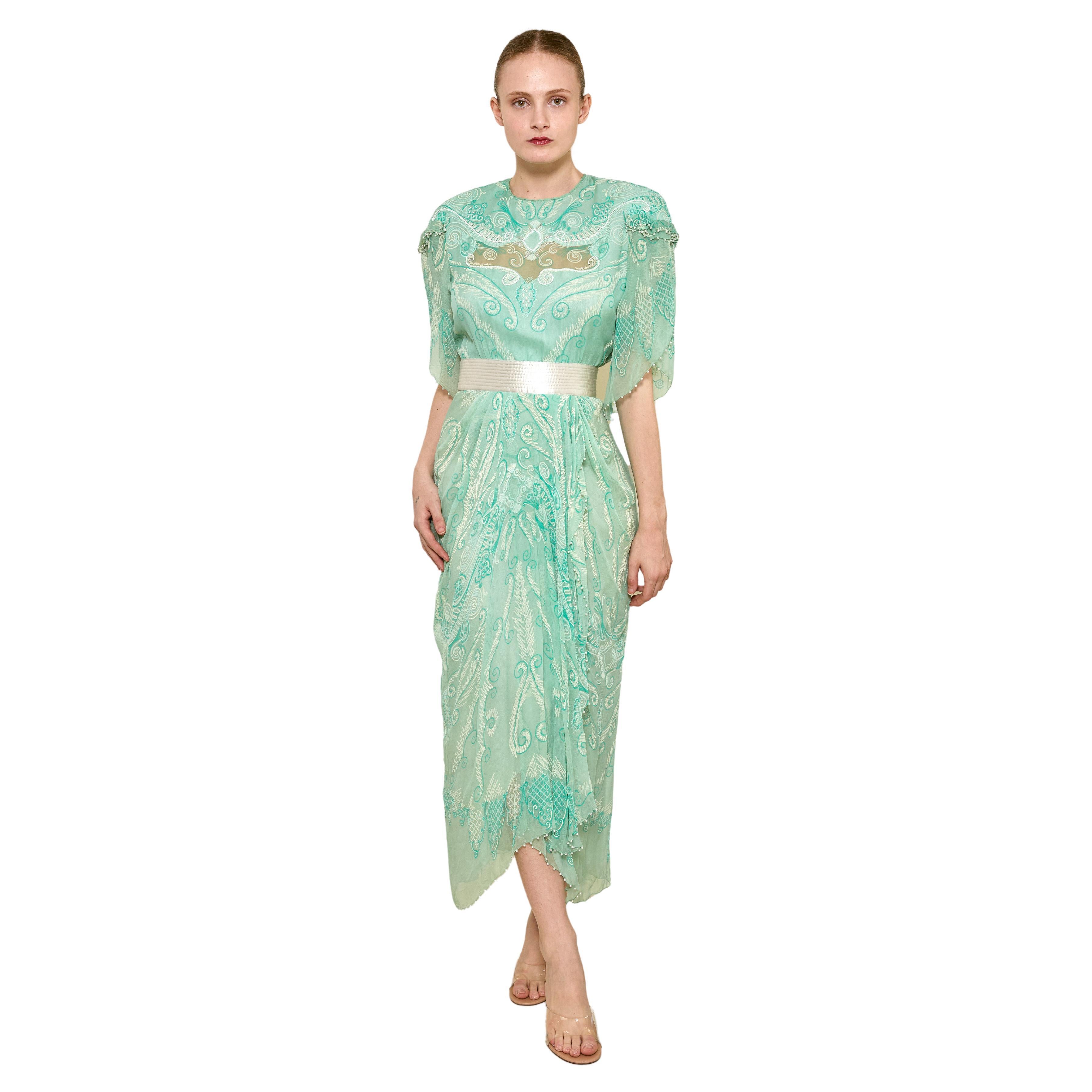 Zandra Rhodes S/S 1989 Mint Green Pearl Trimmed Satin Belt Dress For Sale