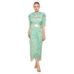 Zandra Rhodes S/S 1989 Mint Green Pearl Trimmed Satin Belt Dress