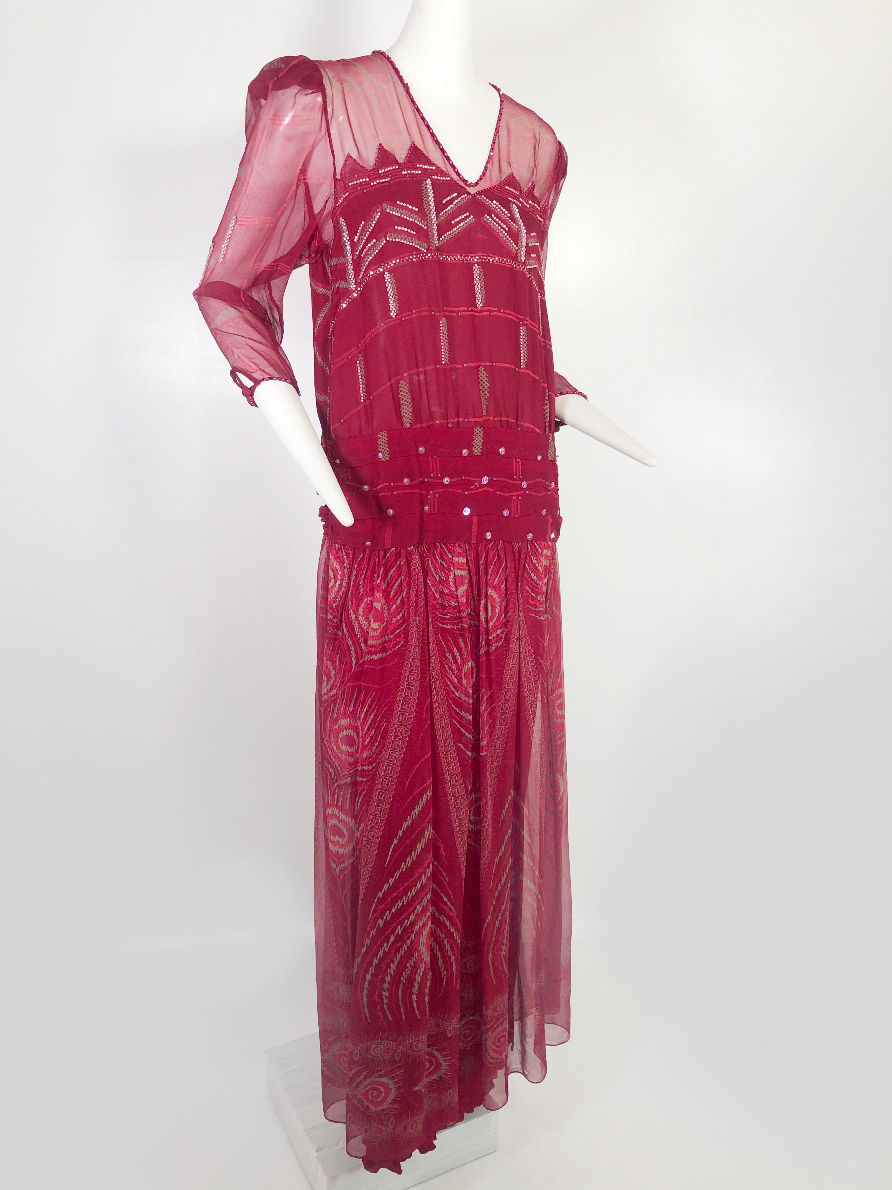 A fantastic scarlet red 1980s Zandra Rhodes (no label) drop-waist, 1920s-inspired silk evening gown with Zandra's signature 