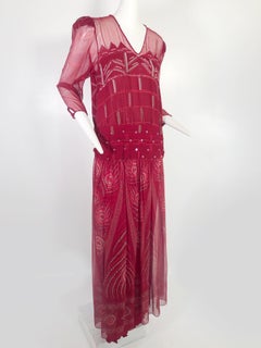 Zandra Rhodes Scarlet Silk Printed BoHo Gown with Beadwork Embellishment